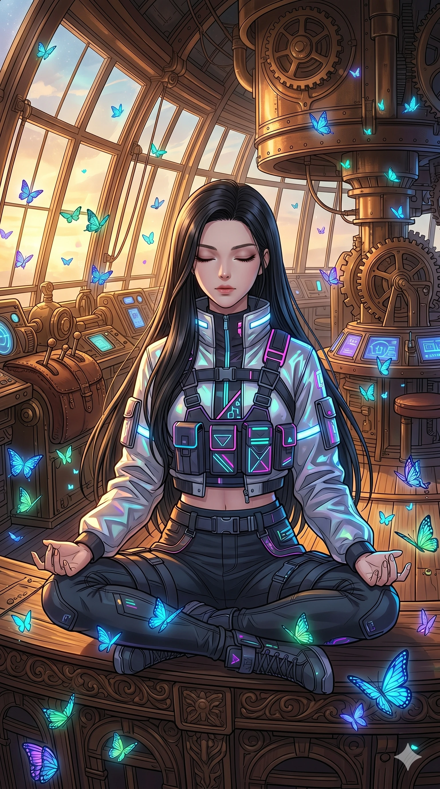 score_9, masterpiece, best quality, ultra-detailed, high-budget anime movie keyframe, cinematic anime lighting, intricate line art, Caucasian (strictly human ears) woman. Medium shot of upper body capturing the intricate details of her high-fashion attire. meditating peacefully in a steampunk airship deck surrounded by glowing butterflies. She has an absolutely perfect 8-heads proportion, an exceptionally tall and slender female figure with an ultra-slim waist and impossibly long slender legs. sharp v-shaped jawline, high-bridge nose, intricate jewel-like eyes, thick eyelashes, glossy lips. Wearing modern urban tech-wear ensemble with a cropped reflective bomber jacket, ultra-slim high-waisted cargo leggings, and tactical harness with neon-lit pouches. The scene is illuminated by dramatic atmospheric lighting and vibrant color palettes. , 2k, ultra detail, master piece, 9:16 ratio