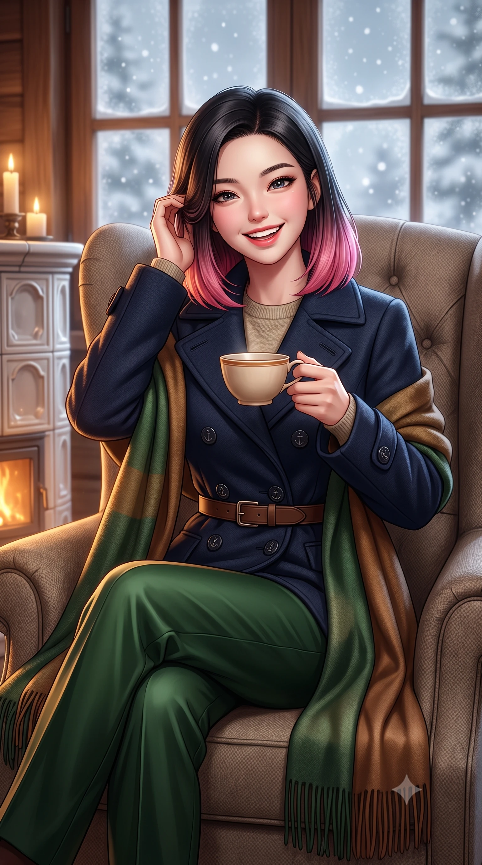 score_9, masterpiece, best quality, ultra-detailed, high-budget anime keyframe, semi-realistic 3D game render, editorial fashion photography, tasteful artistic composition, Korean woman. close-up cowboy shot from the waist and thighs up, the character dominates the composition, filling the frame with her large presence. gently brushing a lock of hair behind her ear with one hand while flashing a radiant, joyful smile while curled up comfortably in an oversized wool wingback chair beside a traditional ceramic tile stove, smiling warmly with teacup in hand. The background shows a soft-focus softly falling snowflakes outside frosted panes softened in intimate alpine winter hideaway shallow focus. She has an exceptionally elegant, slender, and willowy female figure with an ultra-slim waist, flat toned midriff, narrow ribcage, and sculpted feminine hips creating an alluring, slim hourglass silhouette without bulk. sharp v-shaped jawline, high-bridge nose, intricate jewel-like sparkling eyes with depth, thick eyelashes, glossy parted lips with a natural peach sheen, bright cheerful beaming smile with an enchanting and coquettish sensual glint, exuding both youthful cute charm and seductive allure, flawlessly proportioned anatomical accuracy, strict slender model proportions, natural body alignment, perfectly sculpted long slender limbs, ultra-slim waistline, clean dynamic posture without body distortion. wearing a navy tailored wool peacoat with anchor buttons layered over a soft merino wool sweater and pressed pleated slacks in heritage British racing green and warm cognac brown, crafted from fluid mulberry silk twill with an understated lustrous pearl finish, accented with a wide brushed cashmere fringe scarf draped elegantly over one shoulder, the structured cinched belt emphasizing her narrow waistline and gracefully balanced proportions with timeless haute-couture polish. bathed in cozy 2700K warm ambient candlelight and soft porcelain stove radiance combined with cool winter window light. highly saturated vibrant anime colors, detailed shading with soft gradients, rich glossy textures, high-contrast stereoscopic depth, volumetric dynamic lighting, master piece, 9:16 ratio