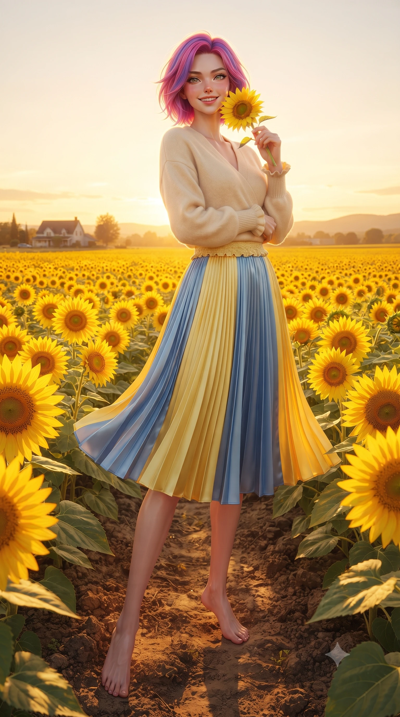score_9, masterpiece, best quality, ultra-detailed, high-budget anime keyframe, editorial fashion photography, tasteful artistic composition, Caucasian woman. low angle full-body shot from head to toe showing her feet, filling the entire 9:16 vertical frame with her statuesque presence, stretching her vertical silhouette. pivoting dynamically with a fresh infectious smile, her ultra-slim waist and long slender legs creating a fluid graceful line while standing immersed in a vast sea of vibrant yellow sunflowers, holding one bloom close to her cheek with a dazzling smile. The surrounding environment is rendered in vivid detail and crisp panoramic clarity. intricate sunflower petals, golden pollen details, and textured soil pathways rendered in deep focus. She has an absolutely perfect, statuesque 8.5-heads proportion, an exceptionally tall and slender model-like female figure with impossibly long slender legs, a toned flat midriff, and an ultra-slim waist. sharp v-shaped jawline, high-bridge nose, intricate jewel-like eyes with depth, thick eyelashes, glossy lips with a natural sheen, pure and lovely fresh girlhood expression, flawlessly proportioned anatomical accuracy, strict slender model proportions, natural body alignment, perfectly sculpted long slender limbs, ultra-slim waistline, clean dynamic posture without body distortion. wearing an elegant soft cashmere wrap sweater paired with a flowing pleated satin midi skirt in sunny daffodil yellow and french blue, tailored from soft pastel lightweight wool blend with subtle texture, accented with soft smocked elastic details and ruffled cuff trims, the tailored casual silhouette highlighting her fresh and youthful presence and perfectly proportioned slender frame. bathed in gorgeous warm golden hour sunset backlighting creating a glowing rim light along her hair and figure. ultra-reflective glossy finish, specular highlights, rich natural textures, high-contrast stereoscopic depth, volumetric dynamic lighting, 2k, ultra detail, master piece, 9:16 ratio