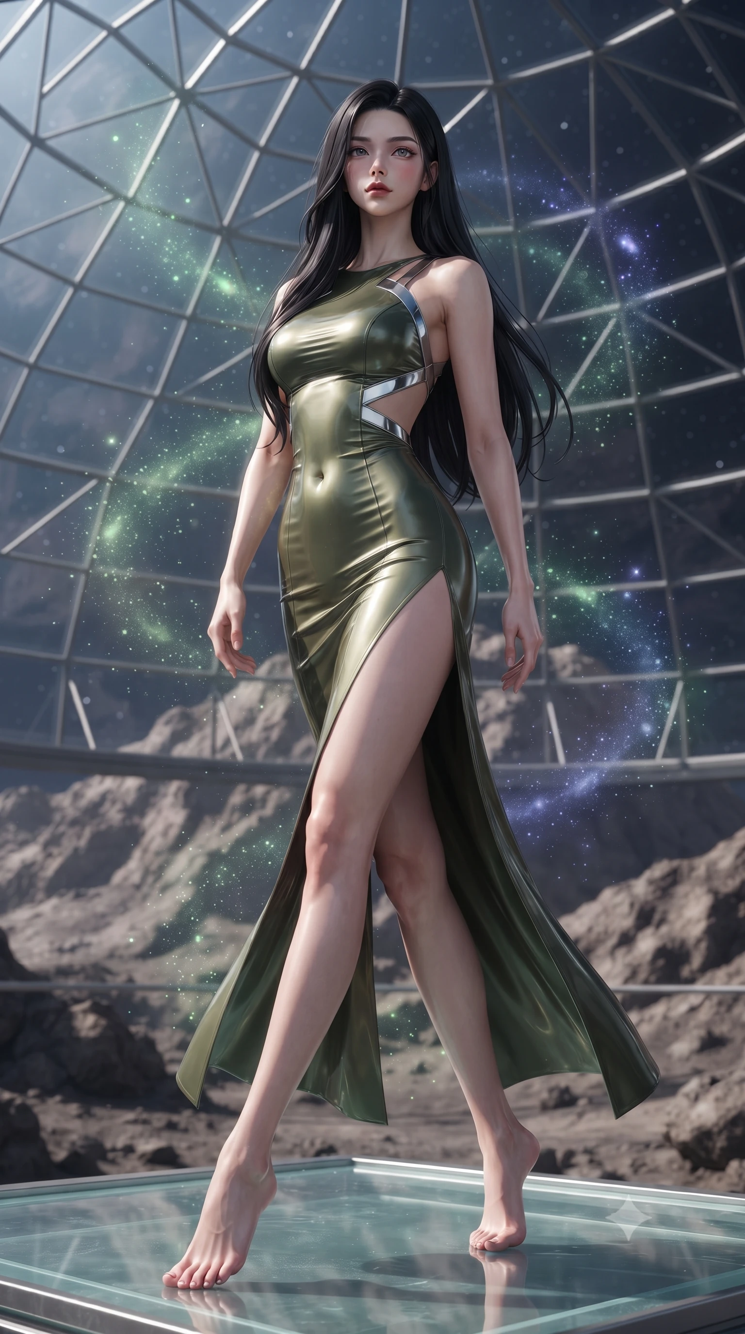 score_9, masterpiece, best quality, ultra-detailed, high-budget anime keyframe, editorial fashion photography, tasteful artistic composition, Korean woman. low angle full-body shot from head to toe showing her feet, filling the entire 9:16 vertical frame with her statuesque presence, stretching her vertical silhouette. stepping gracefully through floating stardust particles, her body-contouring suit showing her athletic, slender silhouette, the background shows a soft-focus an observatory glass dome built on a high mountain peak of a barren asteroid. She has an absolutely perfect, statuesque 8.5-heads proportion, an exceptionally tall and slender model-like female figure with impossibly long slender legs and an ultra-slim waist. sharp v-shaped jawline, high-bridge nose, intricate jewel-like eyes with depth, thick eyelashes, glossy lips with a natural sheen. wearing a body-hugging dramatic open-back maxi combat dress in olive green, featuring a high thigh slit and chrome straps. soft green and indigo starlight filtering through the glass dome ceiling panels. ultra-reflective glossy finish, specular highlights, metallic sheen, high-contrast stereoscopic depth, volumetric dynamic lighting, 2k, ultra detail, master piece, 9:16 ratio