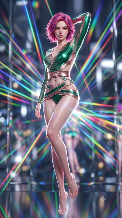 score_9, masterpiece, best quality, ultra-detailed, high-budget anime keyframe, semi-realistic 3D game render, editorial fashion photography, tasteful artistic composition, Caucasian woman. low angle full-body shot from head to toe showing her feet, 