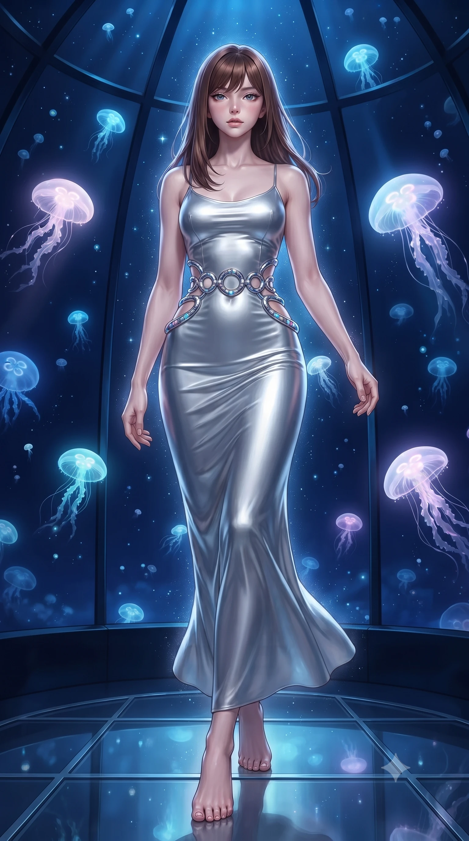 score_9, masterpiece, best quality, ultra-detailed, high-budget anime keyframe, editorial fashion photography, tasteful artistic composition, Korean woman. low angle full-body shot from head to toe showing her feet, filling the entire 9:16 vertical frame with her statuesque presence, stretching her vertical silhouette. navigating the celestial sanctuary with an effortless, graceful stride, inside a floating glass sanctuary filled with bioluminescent opal jellyfish emitting soft pastel rays, dramatic contrast of luminous pastel creatures against a serene deep blue background. She has an absolutely perfect, statuesque 8.5-heads proportion, an exceptionally tall and slender model-like female figure with impossibly long slender legs and an ultra-slim waist. sharp v-shaped jawline, high-bridge nose, intricate jewel-like eyes with depth, thick eyelashes, glossy lips with a natural sheen. wearing form-contouring liquid silver jersey long slip dress in metallic silver, made of liquid mercury jersey, accented with sculpted opal chrome rings at the waist, sculpting her athletic slender build with refined precision. surrounded by a glowing aura of opal starlight and soft diffused rim highlights. ultra-reflective glossy finish, specular highlights, metallic sheen, high-contrast stereoscopic depth, volumetric dynamic lighting, 2k, ultra detail, master piece, 9:16 ratio
