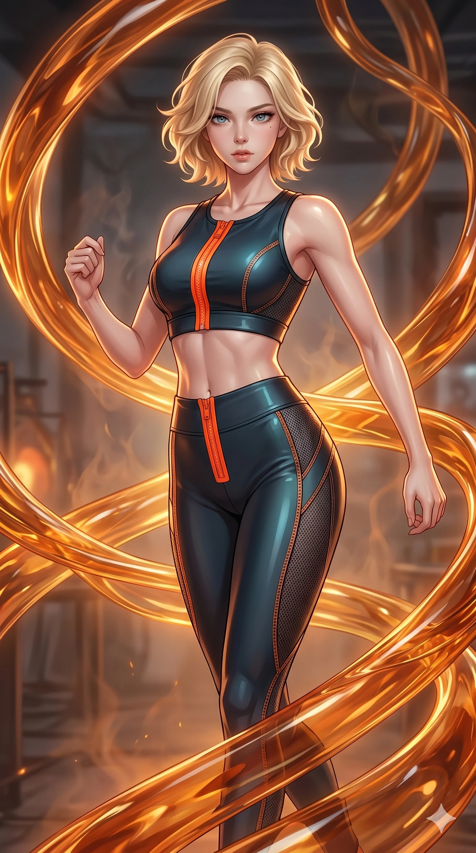 score_9, masterpiece, best quality, ultra-detailed, high-budget anime keyframe, Korean woman. upper body close-up from the thighs up, character filling the screen for maximum presence. bounding through a molten glass art studio where twisting, glowing amber glass tubes rotate like fluid rivers in a heated environment. She has an absolutely perfect 8-heads proportion, an exceptionally tall and slender female figure with impossibly long slender legs and an ultra-slim waist. V-shaped jawline, high-bridge nose, intricate jewel-like eyes with depth, thick eyelashes, glossy lips with a natural sheen.. wearing a form-form-sculpting neoprene cyber-athleisure set, featuring a fitted crop top and leggings with fluorescent orange zipper accents and side slash panels. lit by a soft glowing ambient light and a sharp side key light that traces the sleek contours of her athletic build. 2k, ultra detail, master piece, 9:16 ratio
