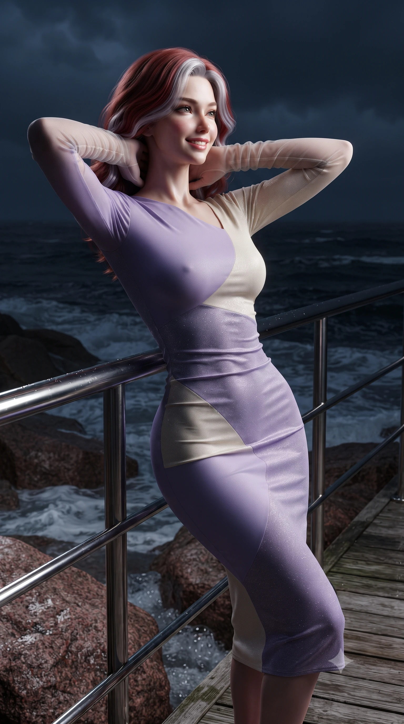 score_9, masterpiece, best quality, ultra-detailed, high-budget anime keyframe, editorial fashion photography, tasteful artistic composition, Caucasian woman. close-up cowboy shot from the waist and thighs up, the character dominates the composition, filling the frame with her large presence. resting both hands lightly behind her neck with elbows raised, arching her spine to highlight her narrow waist, flat midriff, and breathtaking collarbones while leaning against the stainless steel railing with hips cocked back, looking into the stormy Atlantic night with smoldering bedroom-eyes. The surrounding environment is rendered in vivid detail and crisp panoramic clarity: sharp rose-pink feldspar granite mineral textures, wet weathered timber deck planks, and ocean foam bubbles in deep focus. She has an exceptionally elegant, slender, and willowy female figure with an ultra-slim waist, flat toned midriff, narrow ribcage, and sculpted feminine hips creating an alluring, slim hourglass silhouette without bulk. sharp v-shaped jawline, high-bridge nose, intricate jewel-like sparkling eyes with depth, thick eyelashes, glossy parted lips with a natural peach sheen, bright cheerful beaming smile with an enchanting and coquettish sensual glint, exuding both youthful cute charm and seductive allure, flawlessly proportioned anatomical accuracy, strict slender model proportions, natural body alignment, perfectly sculpted long slender limbs, ultra-slim waistline, clean dynamic posture without body distortion. wearing a liquid silk jersey asymmetrical long-sleeve cocktail dress clinging flawlessly to her narrow waist and hips in Luberon lavender purple and Provençal limestone cream, woven from stretch metallic lurex jersey casting radiant starlight glints across her curves, complemented by sheer opera-length evening gloves tracing her slender arms, the second-skin tailored fabric adhering flawlessly to her sculpted flat midriff and slender torso, emphasizing her long leg lines and perfectly proportioned willowy build. illuminated by wet rock specular reflections and sharp rose-platinum rim lights defining her dewy collarbones, ultra-slim waist, and curvy hips. ultra-reflective glossy finish, specular highlights, rich textural contrasts, high-contrast stereoscopic depth, volumetric dynamic lighting, 2k, ultra detail, master piece, 9:16 ratio