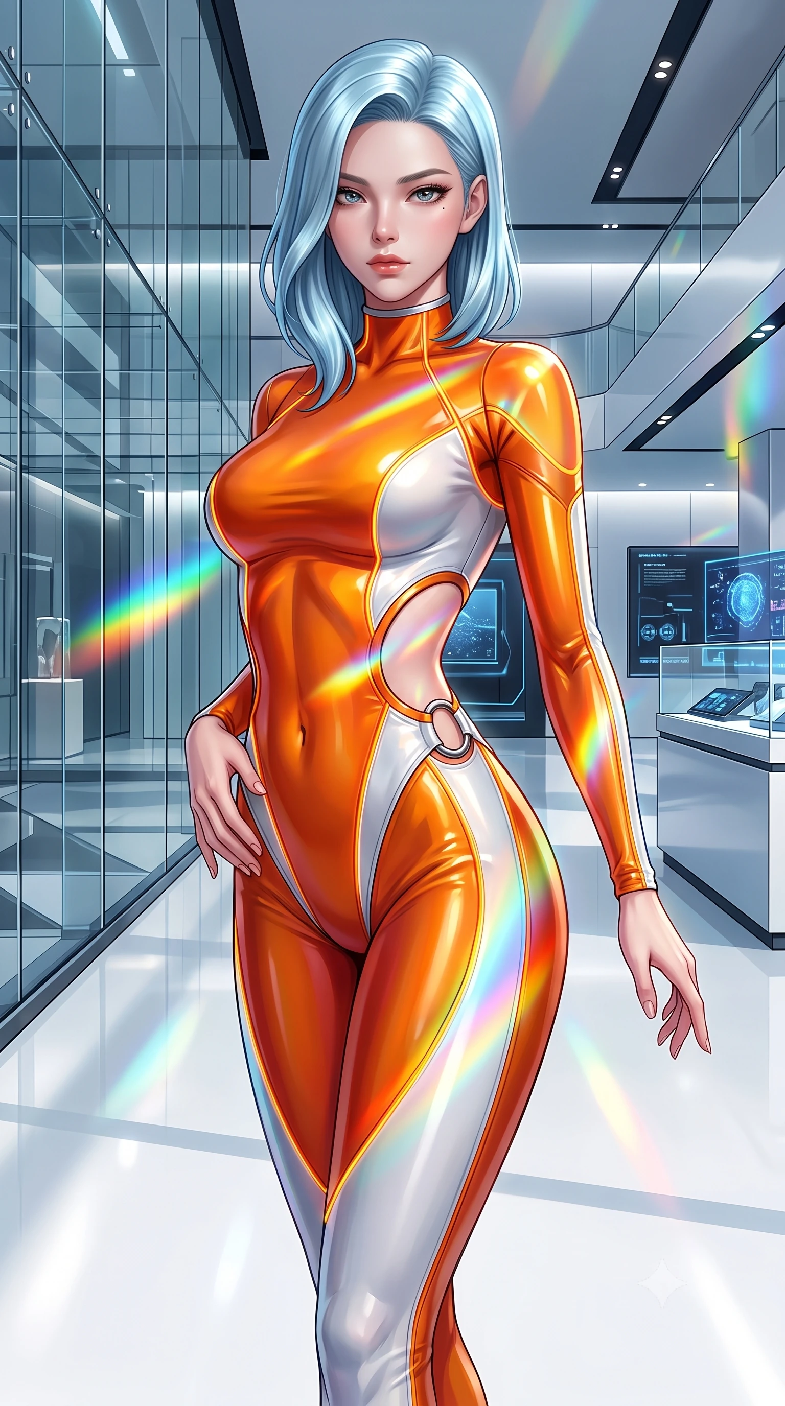 score_9, masterpiece, best quality, ultra-detailed, high-budget anime keyframe, semi-realistic 3D game render, editorial fashion photography, tasteful artistic composition, Korean woman. close-up cowboy shot from the waist and thighs up, the character dominates the composition, filling the frame with her large presence. twisting her upper body in a dynamic S-curve with an alluring smolder, one hand trailing along her slender waist while pivoting dynamically on a white epoxy floor as vibrant spectrum light bands wrap around her slender figure. The surrounding environment is rendered in vivid detail and crisp panoramic clarity. intricate light refraction patterns, crisp modern museum architecture, and clean shadows in high clarity. She has an exceptionally elegant, slender, and willowy female figure with an ultra-slim waist, a gracefully sculpted slender torso, toned flat midriff, and a refined slim silhouette. sharp v-shaped jawline, high-bridge nose, intricate jewel-like eyes with depth, thick eyelashes, glossy lips with a natural sheen, flawlessly proportioned anatomical accuracy, strict slender model proportions, natural body alignment, perfectly sculpted long slender limbs, ultra-slim waistline, clean dynamic posture without body distortion. wearing a skin-tight cybernetic bodysuit with glowing neon seams, deep hip cutouts, and an aerodynamic athletic fit in vivid sunset amber orange and cloud white, made of liquid metal jersey that clings flawlessly to every contour of her build, detailed with polished silver rings connecting the daring side-waist cutouts, the sleek second-skin cut tightly hugging her graceful clavicle, narrow waist, and feminine curves with athletic precision. illuminated by high-contrast specular reflections on crystal and polished surfaces. highly saturated vibrant anime colors, detailed shading with soft gradients, rich glossy textures, high-contrast stereoscopic depth, volumetric dynamic lighting, master piece, 9:16 ratio