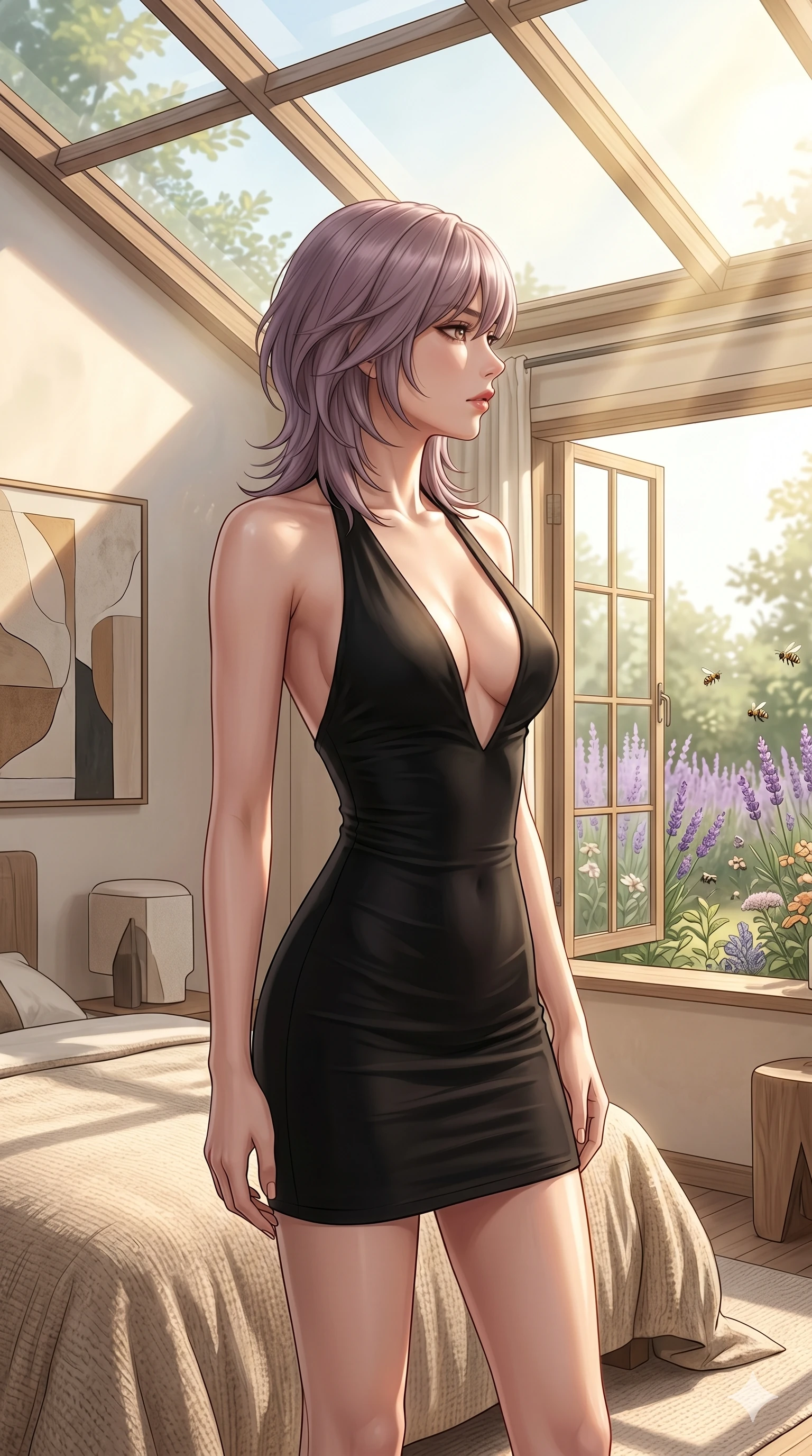 score_9, masterpiece, best quality, ultra-detailed, high-budget anime keyframe, editorial fashion photography, tasteful artistic composition, Japanese woman. cowboy shot from the thighs up, character and outfit filling the frame for maximum editorial presence. posing with quiet magnetic self-assurance, her face turned in a sharp profile against the golden light inside a sun-washed private bedroom by a large open window overlooking a quiet lavender garden (Code-P076). She has an absolutely perfect 8-heads proportion, an exceptionally tall and slender female figure with impossibly long slender legs and an ultra-slim waist. V-shaped jawline, high-bridge nose, intricate jewel-like eyes with depth, thick eyelashes, glossy lips with a natural sheen. wearing a sleek form-fitting black bodycon dress with a dramatic plunging neckline and bare shoulders. drenched in soft morning sunbeams filtering through the glass roof, highlighting her delicate clavicle. 2k, ultra detail, master piece, 9:16 ratio