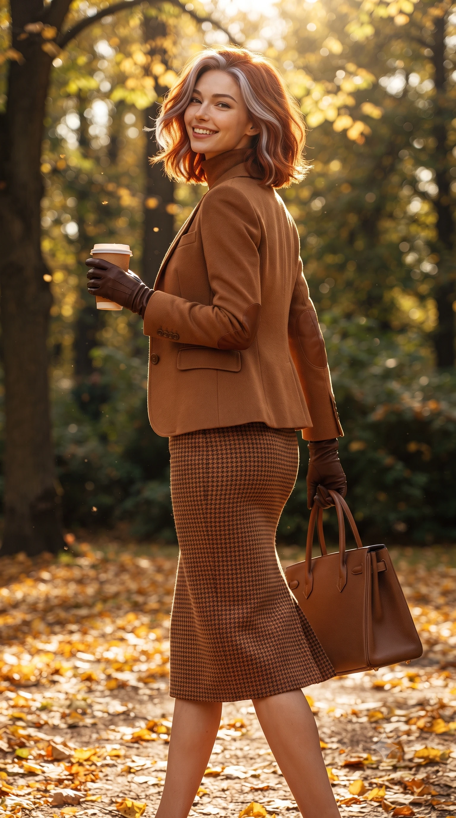 score_9, masterpiece, best quality, ultra-detailed, high-budget anime keyframe, editorial fashion photography, tasteful artistic composition, Caucasian woman. low angle full-body shot from head to toe showing her feet, filling the entire 9:16 vertical frame with her statuesque presence, stretching her vertical silhouette. executing an elegant pivot turn as the hem of her form-fitting knit sways rhythmically, glancing back with joyful radiance and seductive allure while walking forward with brisk supermodel poise, holding a warm paper coffee cup and leather tote bag with vibrant modern grace. The surrounding environment is rendered in vivid detail and crisp panoramic clarity: detailed equestrian wool blazer tailoring, leather elbow patch textures, and natural royal park foliage in high resolution. She has an exceptionally tall and slender model-like 8.5-heads proportion, an ultra-slim waist, a flat toned midriff, narrow delicate ribcage, and beautifully sculpted feminine hips creating a graceful, slim hourglass silhouette without any bulky heaviness, with impossibly long slender legs. sharp v-shaped jawline, high-bridge nose, intricate jewel-like sparkling eyes with depth, thick eyelashes, glossy parted lips with a natural peach sheen, bright cheerful beaming smile with an enchanting and coquettish sensual glint, exuding both youthful cute charm and seductive allure, flawlessly proportioned anatomical accuracy, strict slender model proportions, natural body alignment, perfectly sculpted long slender limbs, ultra-slim waistline, clean dynamic posture without body distortion. wearing a body-hugging fine-knit merino turtleneck tucked seamlessly into a high-waisted tailored houndstooth pencil midi skirt in warm winter cinnamon and toasted caramel, made of ultra-fine Mongolian cashmere with sleek glove-like elasticity contouring her silhouette, complemented by buttery leather opera gloves tracing her slender arms with sleek polish, the glove-like clinging cut tightly following the natural contour of her hips and long slender legs with youthful 8.5-heads elegance. bathed in crisp low-angle late-afternoon autumn sunlight filtering through a shimmering golden leaf canopy. ultra-reflective glossy finish, specular highlights, rich textural contrasts, high-contrast stereoscopic depth, volumetric dynamic lighting, 2k, ultra detail, master piece, 9:16 ratio