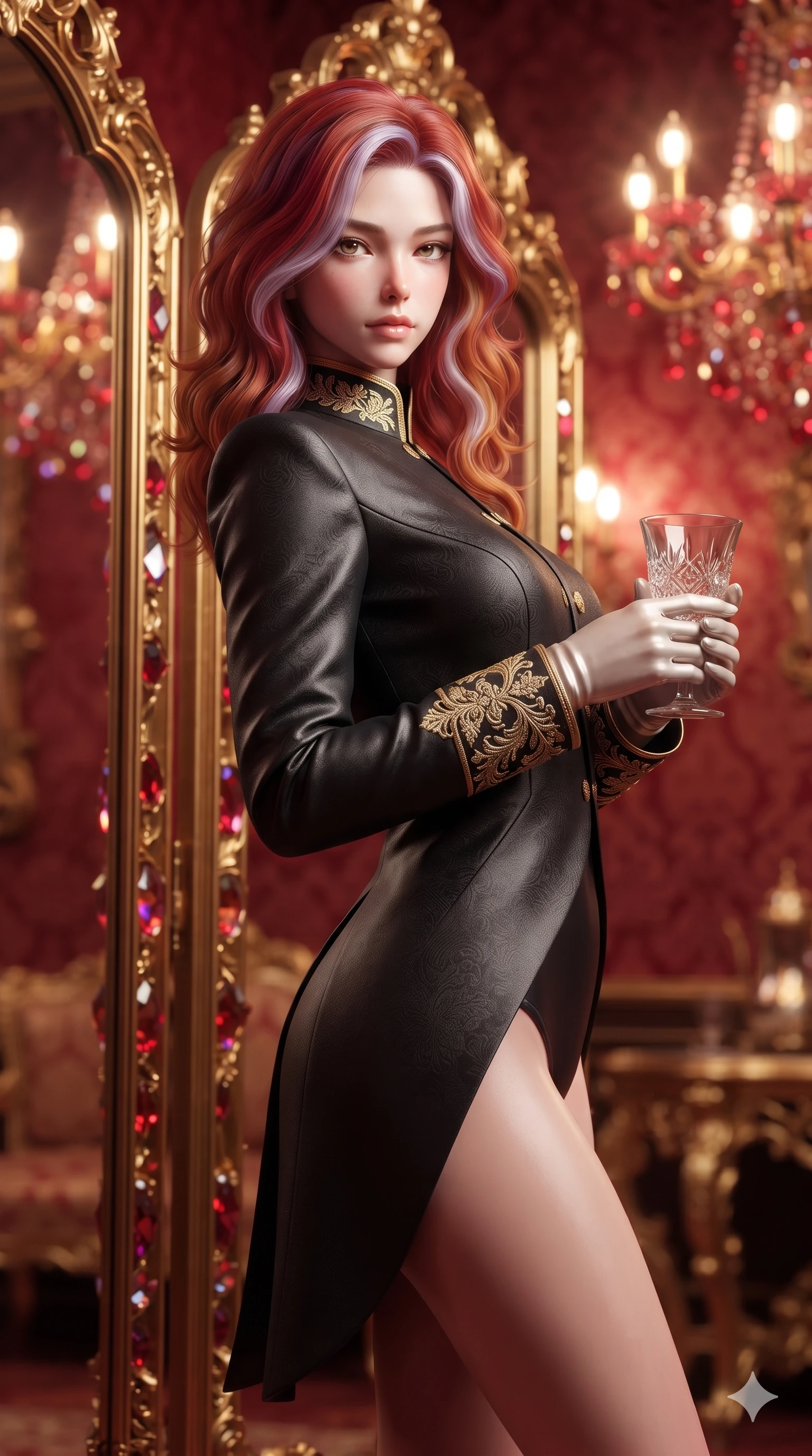 score_9, masterpiece, best quality, ultra-detailed, high-budget anime keyframe, semi-realistic 3D game render, editorial fashion photography, tasteful artistic composition, Caucasian woman. close-up cowboy shot from the waist and thighs up, the character dominates the composition, filling the frame with her large presence. leaning back with relaxed seductive grace, her sculpted collarbones and narrow waist highlighted as she casts smoldering bedroom-eyes directly into the camera while standing poised before towering gold-leaf mirrors, arching her back with high-fashion anime charisma as ruby crystal prisms cast jewel-like reflections. The composition keeps background elements in soft focus with creamy bokeh: intricate crimson silk damask wall coverings, glowing Murano ruby crystal chandeliers, and gilded baroque furniture blurred into crimson, gold, and ruby bokeh. She has an exceptionally elegant, slender, and willowy female figure with an ultra-slim waist, flat toned midriff, narrow ribcage, and sculpted feminine hips creating an alluring, slim hourglass silhouette without bulk. sharp v-shaped jawline, high-bridge nose, intricate jewel-like eyes with depth, thick eyelashes, glossy parted lips with a natural sheen, intensely captivating and seductive bedroom-eyes expression, flawlessly proportioned anatomical accuracy, strict slender model proportions, natural body alignment, perfectly sculpted long slender limbs, ultra-slim waistline, clean dynamic posture without body distortion. wearing a royal Renaissance brocade ceremonial jacket with standing mandarin collar and gold-embroidered cuffs in dark onyx black and molten platinum, tailored from heavy Italian silk mikado with an architectural structured drape, accessorized with opera-length satin gloves and a vintage crystal glass, the bespoke structured tailoring following the natural line of her 8.5-heads silhouette with refined elegance. illuminated by warm 2400K Murano chandelier ruby-amber glow mixed with soft gilded mirror bounce. highly saturated vibrant anime colors, detailed shading with soft gradients, rich glossy textures, high-contrast stereoscopic depth, volumetric dynamic lighting, master piece, 9:16 ratio