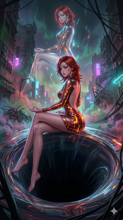 score_9, masterpiece, best quality, ultra-detailed, Set A: High-budget Anime Keyframe, Korean woman. Low angle cowboy shot filling the entire 9:16 frame with her statuesque presence. Theme: Urban Decay. meditating in the edge of a black hole, as her 
