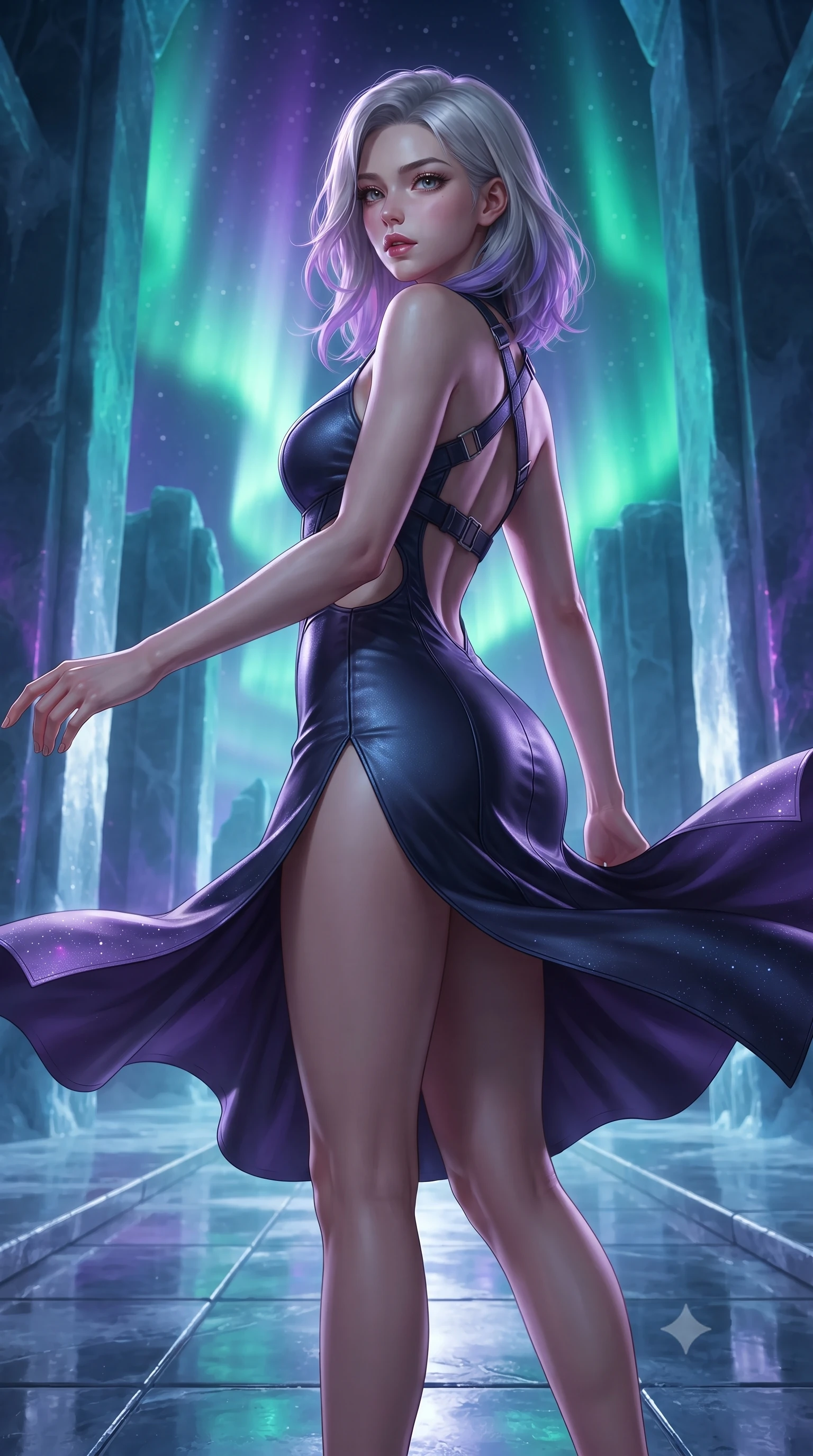 score_9, masterpiece, best quality, ultra-detailed, high-budget anime keyframe, editorial fashion photography, tasteful artistic composition, Caucasian woman. low angle full-body shot from head to toe showing her feet, filling the entire 9:16 vertical frame with her statuesque presence, stretching her vertical silhouette. executing an elegant mid-motion pivot turn as garments swirl around her slender limbs, glancing over her shoulder with an intoxicating bedroom-gaze while striding across the reflective frozen stone temple floor, hips swaying in an alluring rhythm as gale-force winds whip her silk drapery. The surrounding environment is rendered in vivid detail and crisp panoramic clarity. monumental high-contrast Nordic sci-fi chiaroscuro and mythic glacial architecture in precision. She has an absolutely perfect, statuesque 8.5-heads proportion, an exceptionally tall and slender model-like female figure with impossibly long slender legs, a toned flat midriff, an ultra-slim waist, and beautifully sculpted feminine hips. sharp v-shaped jawline, high-bridge nose, intricate jewel-like eyes with depth, thick eyelashes, glossy parted lips with a natural sheen, intensely captivating and seductive bedroom-eyes expression, flawlessly proportioned anatomical accuracy, strict slender model proportions, natural body alignment, perfectly sculpted long slender limbs, ultra-slim waistline, clean dynamic posture without body distortion. wearing a sculpted titanium corset mini dress with an open-waist ring cutout and high side hip slit in deep midnight navy and glowing violet starlight, tailored from supple second-skin lambskin leather adhering to her curves, accented with criss-cross back tactical harness straps framing her bare spine, the liquid-tight tailored fabric clinging flawlessly to her narrow waist and rounded feminine hips, emphasizing every millimeter of her sculpted hourglass curves during movement. bathed in vibrant emerald and violet aurora backlighting from the polar sky. ultra-reflective glossy finish, specular highlights, rich textural contrasts, high-contrast stereoscopic depth, volumetric dynamic lighting, 2k, ultra detail, master piece, 9:16 ratio