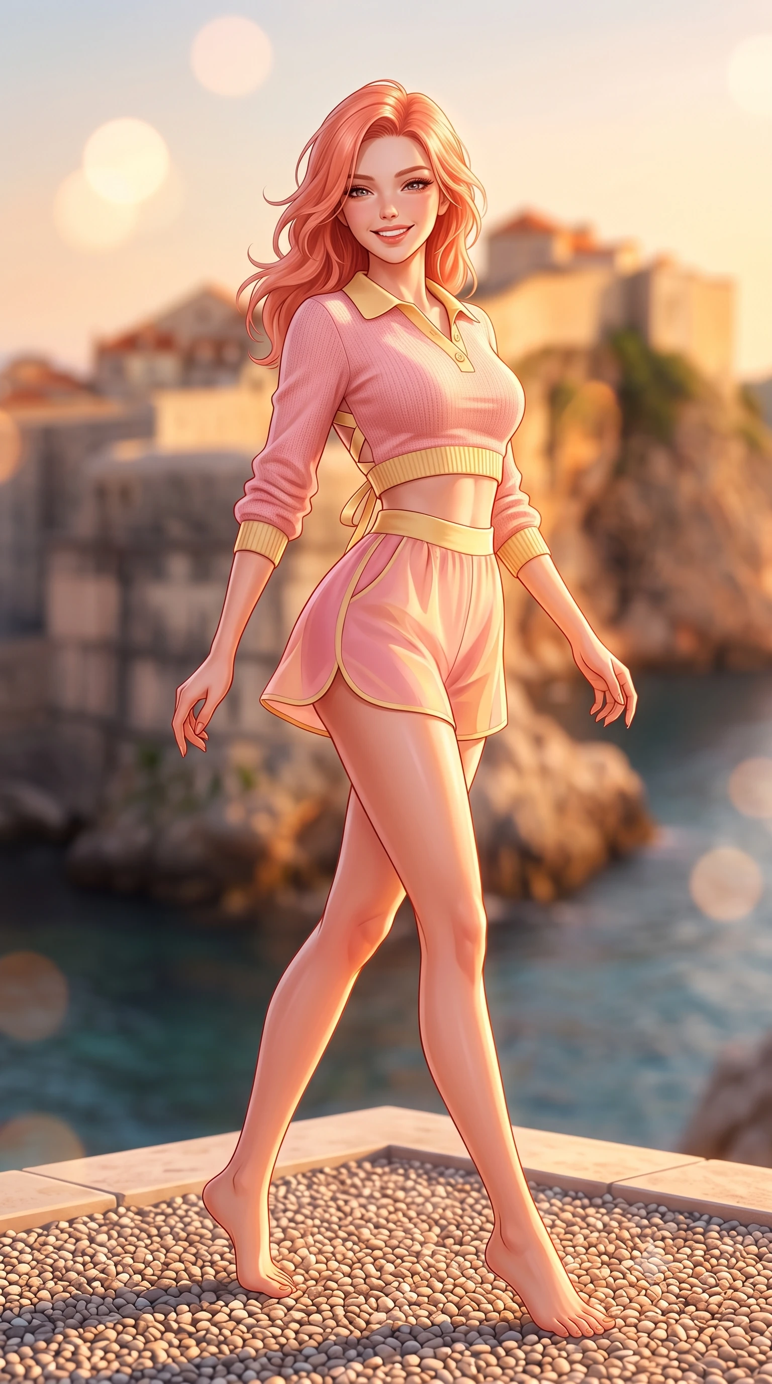 score_9, masterpiece, best quality, ultra-detailed, high-budget anime keyframe, semi-realistic 3D game render, editorial fashion photography, tasteful artistic composition, Japanese woman. low angle full-body shot from head to toe showing her feet, filling the entire 9:16 vertical frame with her statuesque presence, stretching her vertical silhouette. stepping forward gracefully across the terrace in mid-motion with a radiant beaming smile, hips swaying in an alluring kinetic rhythm that accentuates her curvy hourglass silhouette and long slender legs while standing on the private pebble beach platform with the ancient medieval fortress glowing in the sunset behind, arching her back with sovereign poise. The composition keeps background elements in soft focus with dreamy creamy bokeh. the massive stone ramparts of Dubrovnik Old Town and the tranquil Adriatic sea blurred into rich apricot, stone gray, and sapphire bokeh. She has an exceptionally tall and slender model-like 8.5-heads proportion, an ultra-slim waist, a flat toned midriff, narrow delicate ribcage, and beautifully sculpted feminine hips creating a graceful, slim hourglass silhouette without any bulky heaviness, with impossibly long slender legs. sharp v-shaped jawline, high-bridge nose, sparkling amber-hazel eyes with depth, long lush eyelashes, glossy sun-kissed lips with a warm coral glaze, radiant teasing smile with sensual sunlit bedroom-eyes, exuding effortless old-money elegance and intoxicating sun-drenched allure, flawlessly proportioned anatomical accuracy, strict slender model proportions, natural body alignment, perfectly sculpted long slender limbs, ultra-slim waistline, clean dynamic posture without body distortion. wearing a chic cropped knit polo sweater paired with high-cut tailored tennis shorts hugging her rounded hips in sweet strawberry milk and warm butter yellow, tailored from airy semi-sheer chiffon that flutters gently in the evening breeze, finished with criss-cross back satin straps highlighting her graceful shoulder blades, the high-waisted tailoring accentuating her ultra-slim waistline and the enchanting curve of her feminine hips with alluring sunlit charm. bathed in warm Adriatic golden hour rays casting long dramatic shadows. highly saturated vibrant anime colors, detailed shading with soft gradients, rich glossy textures, high-contrast stereoscopic depth, volumetric dynamic lighting, master piece, 9:16 ratio