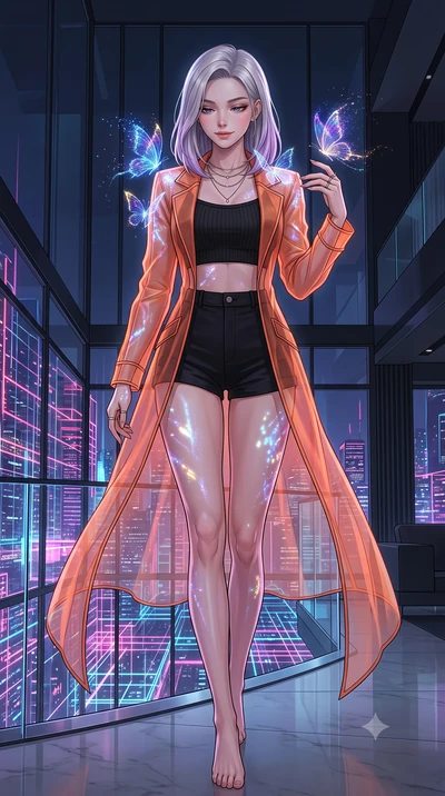 score_9, masterpiece, best quality, ultra-detailed, High-budget Anime Keyframe, Caucasian woman, strictly human ears. Low angle cowboy shot filling the entire 9:16 frame with her statuesque presence. Scenario 545: watching digital butterflies land on