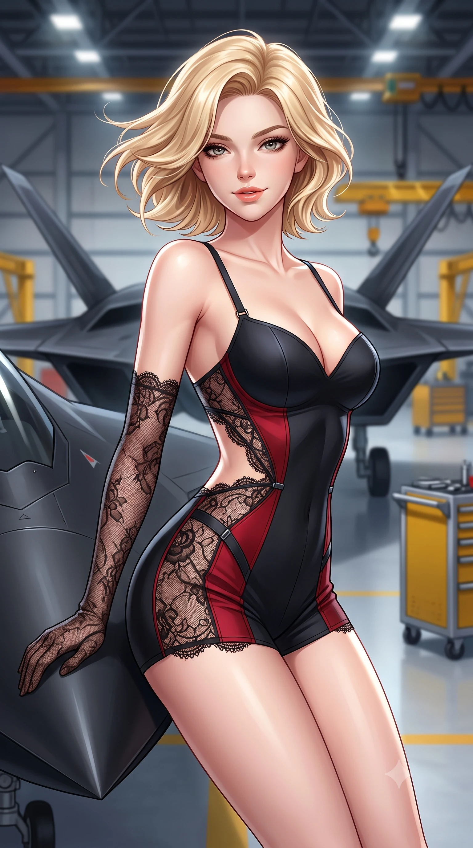 score_9, masterpiece, best quality, ultra-detailed, high-budget anime keyframe, semi-realistic 3D game render, editorial fashion photography, tasteful artistic composition, Caucasian woman. close-up cowboy shot from the waist and thighs up, the character dominates the composition, filling the frame with her large presence. turning slowly with an enchanting smoldering smile, her glossy hair tossing in the breeze as her hips angle gracefully in a captivating contrapposto while leaning against the razor-sharp leading edge of a matte-black stealth drone with hips cocked back, arching her back with high-tech allure. The background shows a soft-focus the swept delta wings of the stealth drone, yellow hangar cranes, and tool carts blurred into charcoal, caution yellow, and silver bokeh. She has an exceptionally elegant, slender, and willowy female figure with an ultra-slim waist, flat toned midriff, narrow ribcage, and sculpted feminine hips creating an alluring, slim hourglass silhouette without bulk. sharp v-shaped jawline, high-bridge nose, sparkling eyes with hypnotic seductive depth, thick curled eyelashes, glossy parted lips with a natural dewy peach sheen, alluring bedroom-eyes with an enchanting coquettish smile, exuding magnetic siren charisma and sophisticated glamour, flawlessly proportioned anatomical accuracy, strict slender model proportions, natural body alignment, perfectly sculpted long slender limbs, ultra-slim waistline, clean dynamic posture without body distortion. wearing a deep sweetheart-neckline matte-carbon bodycon romper with sheer side-torso cutouts accentuating her hourglass curves in matte obsidian black and tactical crimson red with gunmetal hardware, made of delicate semi-sheer French Chantilly lace with intricate eyelash edges, complemented by sheer opera-length lace evening gloves tracing her slender arms, the form-contouring silhouette accentuating her sculpted flat midriff, narrow delicate ribcage, and gracefully curvy hips with intoxicating allure. bathed in high-altitude aerospace hangar floodlights mixed with amber safety strobe accents. highly saturated vibrant anime colors, detailed shading with soft gradients, rich glossy textures, high-contrast stereoscopic depth, volumetric dynamic lighting, master piece, 9:16 ratio