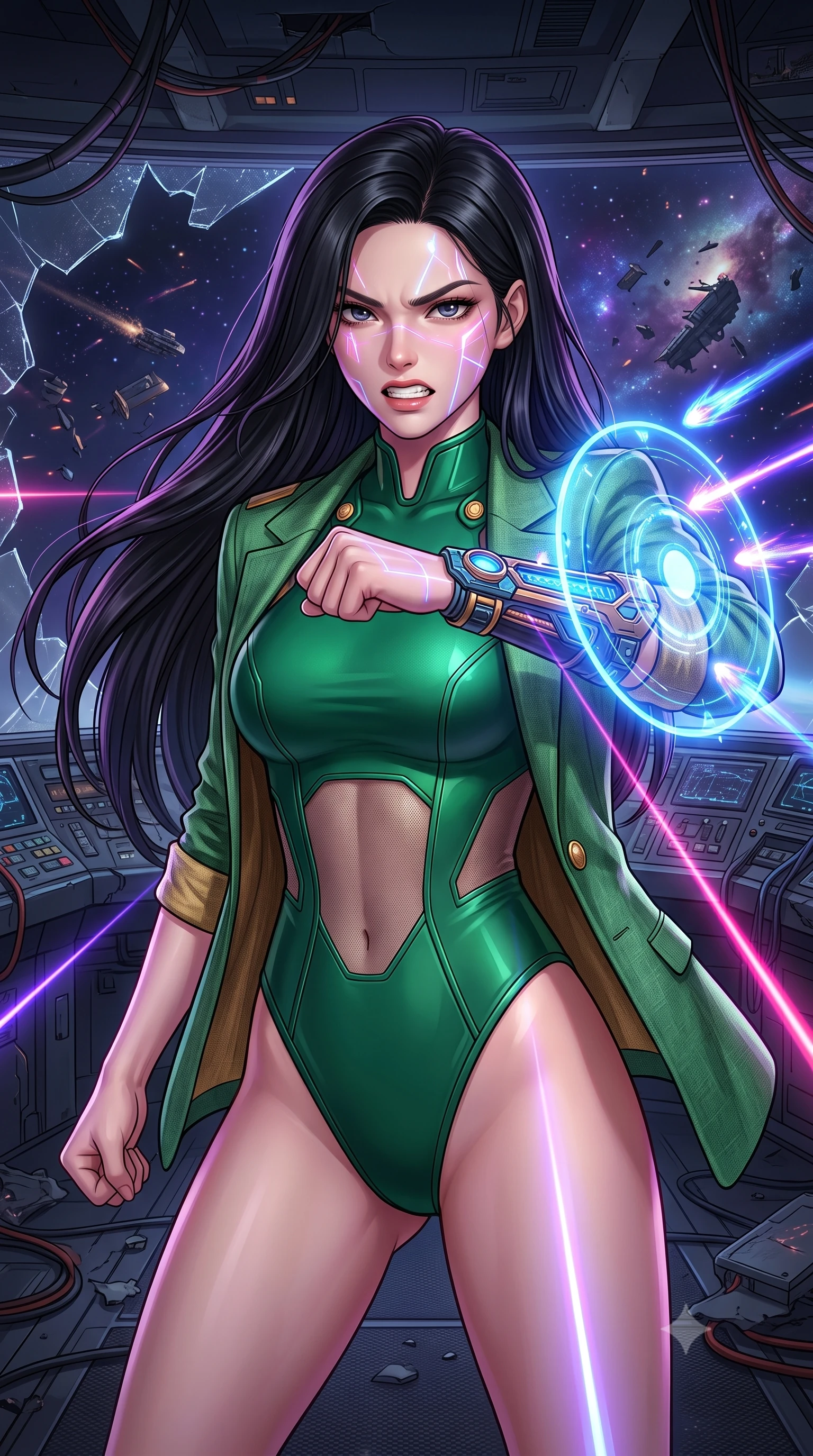 score_9, masterpiece, best quality, ultra-detailed, high-budget anime keyframe, editorial fashion photography, tasteful artistic composition, Korean woman. close-up cowboy shot from the waist and thighs up, the character dominates the composition, filling the frame with her large presence, background elements kept in soft focus. Deflecting incoming plasma bolts with a glowing energy shield attached to her forearm, teeth grit in determination. set against a soft-focus background of the bridge of a destroyed capital ship floating in space, control panels smashed and viewscreen showing a battlefield of ship debris. She has an exceptionally elegant and slender, willowy female figure with an ultra-slim waist, a gracefully sculpted slender torso, and a refined slim physique. sharp v-shaped jawline, high-bridge nose, intricate jewel-like eyes with depth, thick eyelashes, glossy lips with a natural sheen. wearing tailored for maximum mobility, sleek form-contouring panels that allow fluid movement, a slim-fit high-cut bodysuit in emerald green, with gold button accents and an exposed midriff section under an open linen blazer. highly saturated vibrant anime colors, intense vivid color palette, soft 3D volumetric shading, volumetric dynamic lighting, laser lines of violet and hot pink reflecting off surfaces casting geometric neon highlights. 2k, ultra detail, master piece, 9:16 ratio