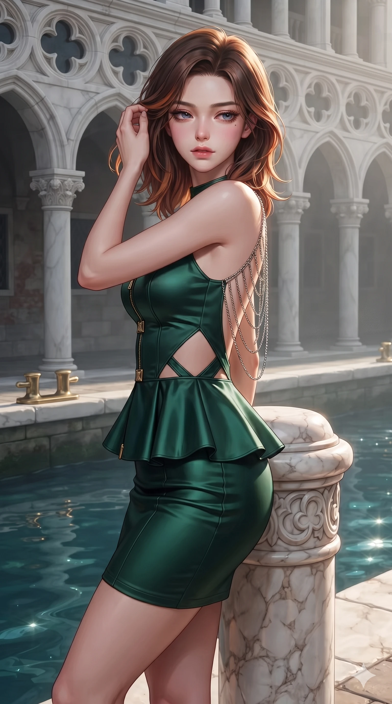 score_9, masterpiece, best quality, ultra-detailed, high-budget anime keyframe, editorial fashion photography, tasteful artistic composition, Korean woman. close-up cowboy shot from the waist and thighs up, the character dominates the composition, filling the frame with her large presence. gently brushing a lock of hair behind her ear while casting a playful, flirtatious side-gaze with long eyelashes while leaning against the carved marble mooring bollard with hips cocked back, looking through morning canal mist with heavy-lidded seductive bedroom-eyes. The surrounding environment is rendered in vivid detail and crisp panoramic clarity: sharp carved gothic cloverleaf arcade reliefs, polished brass mooring cleats, and crystalline water wake speculars in deep focus. She has an exceptionally elegant, slender, and willowy female figure with an ultra-slim waist, flat toned midriff, narrow ribcage, and sculpted feminine hips creating an alluring, slim hourglass silhouette without bulk. sharp v-shaped jawline, high-bridge nose, intricate jewel-like sparkling eyes with depth, thick eyelashes, glossy parted lips with a natural sheen, intensely captivating and seductive bedroom-eyes expression, exuding both youthful cute charm and sovereign luxury allure, flawlessly proportioned anatomical accuracy, strict slender model proportions, natural body alignment, perfectly sculpted long slender limbs, ultra-slim waistline, clean dynamic posture without body distortion. wearing a modern peplum corset dress with side-waist diamond cutouts and an ultra-tight silhouette in deep emerald green satin and gold hardware accents, woven from high-density tech-wool with subtle metallic thread weave, accented with an open-back drape framed by falling strands of delicate chrome chains, the glove-like clinging cut tightly following the natural contour of her hips and long slender legs with youthful 8.5-heads elegance. illuminated by water surface bounce and sharp golden-amber rim lights sculpting her razor-sharp jawline, narrow waist, and curvy hips. ultra-reflective glossy finish, specular highlights, rich textural contrasts, high-contrast stereoscopic depth, volumetric dynamic lighting, 2k, ultra detail, master piece, 9:16 ratio