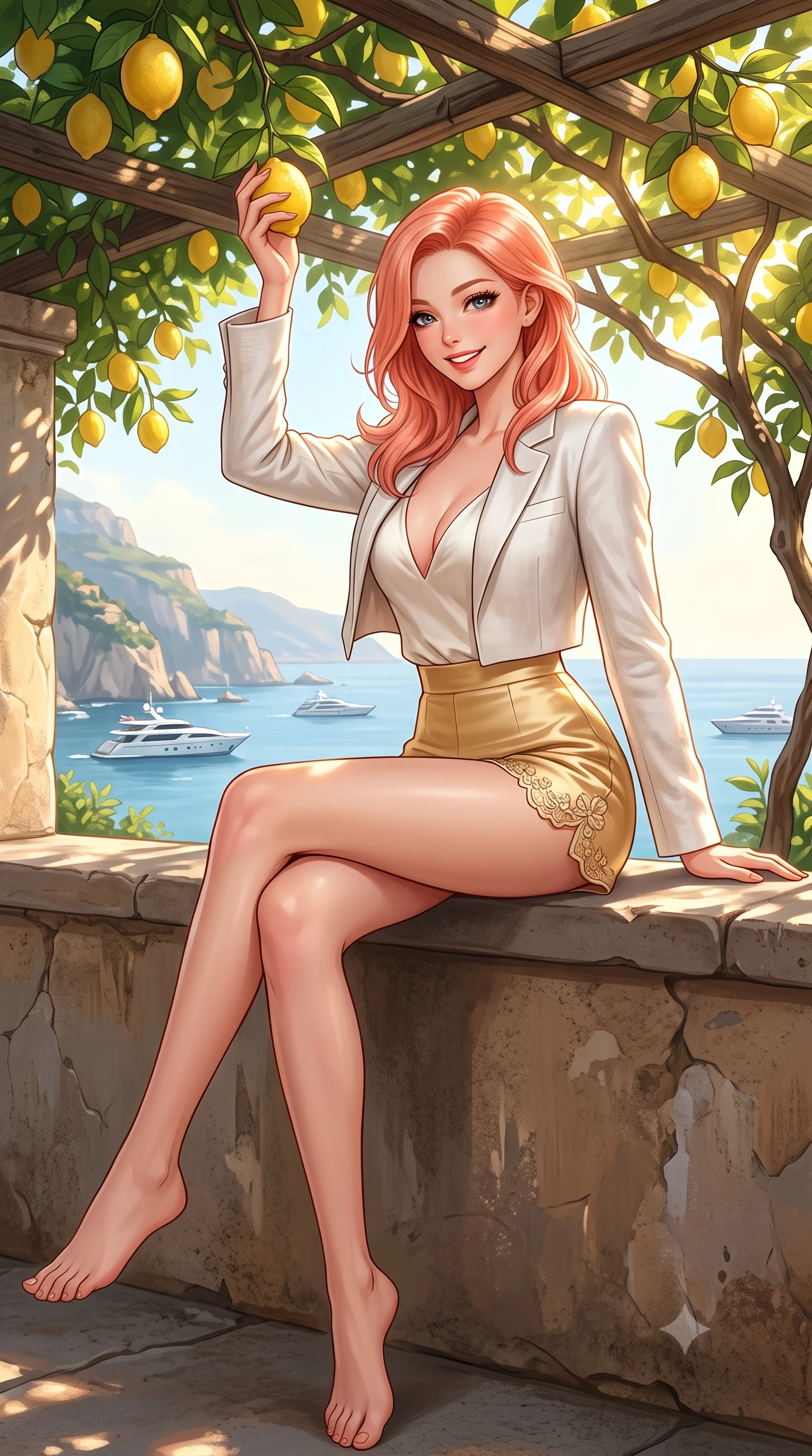 score_9, masterpiece, best quality, ultra-detailed, high-budget anime keyframe, semi-realistic 3D game render, editorial fashion photography, tasteful artistic composition, Japanese woman. low angle full-body shot from head to toe showing her feet, filling the entire 9:16 vertical frame with her statuesque presence, stretching her vertical silhouette. sitting perched on the elevated edge with legs crossed and hips angled toward the camera, displaying her toned midriff and long slender limbs with a joyful, coquettish smile while reaching up playfully with one hand toward a ripe yellow lemon in the rustic pergola, arching her back to highlight her curvaceous hips and flat midriff. The surrounding environment is rendered in vivid detail and crisp panoramic clarity. detailed linen sundress weave, sun-dappled skin highlights, and distant yacht clarity in high resolution. She has an exceptionally tall and slender model-like 8.5-heads proportion, an ultra-slim waist, a flat toned midriff, narrow delicate ribcage, and beautifully sculpted feminine hips creating a graceful, slim hourglass silhouette without any bulky heaviness, with impossibly long slender legs. sharp v-shaped jawline, high-bridge nose, intricate jewel-like sparkling eyes with depth, thick eyelashes, glossy parted lips with a natural peach sheen, bright cheerful beaming smile with an enchanting and coquettish sensual glint, exuding both youthful cute charm and seductive allure, flawlessly proportioned anatomical accuracy, strict slender model proportions, natural body alignment, perfectly sculpted long slender limbs, ultra-slim waistline, clean dynamic posture without body distortion. wearing a chic cropped linen blazer worn with a plunging-V camisole and high-waisted tailored hot-pants showcasing her long slender legs in pure alabaster white and sun-kissed gold, made of smooth fluid silk satin with a delicate pearlescent sheen, complemented by delicate embroidered floral trim along the hem, the high-waisted tailoring accentuating her ultra-slim waistline and the enchanting curve of her feminine hips with alluring charm. bathed in brilliant Mediterranean golden hour sunlight dappled through lush lemon tree leaves. highly saturated vibrant anime colors, detailed shading with soft gradients, rich glossy textures, high-contrast stereoscopic depth, volumetric dynamic lighting, master piece, 9:16 ratio