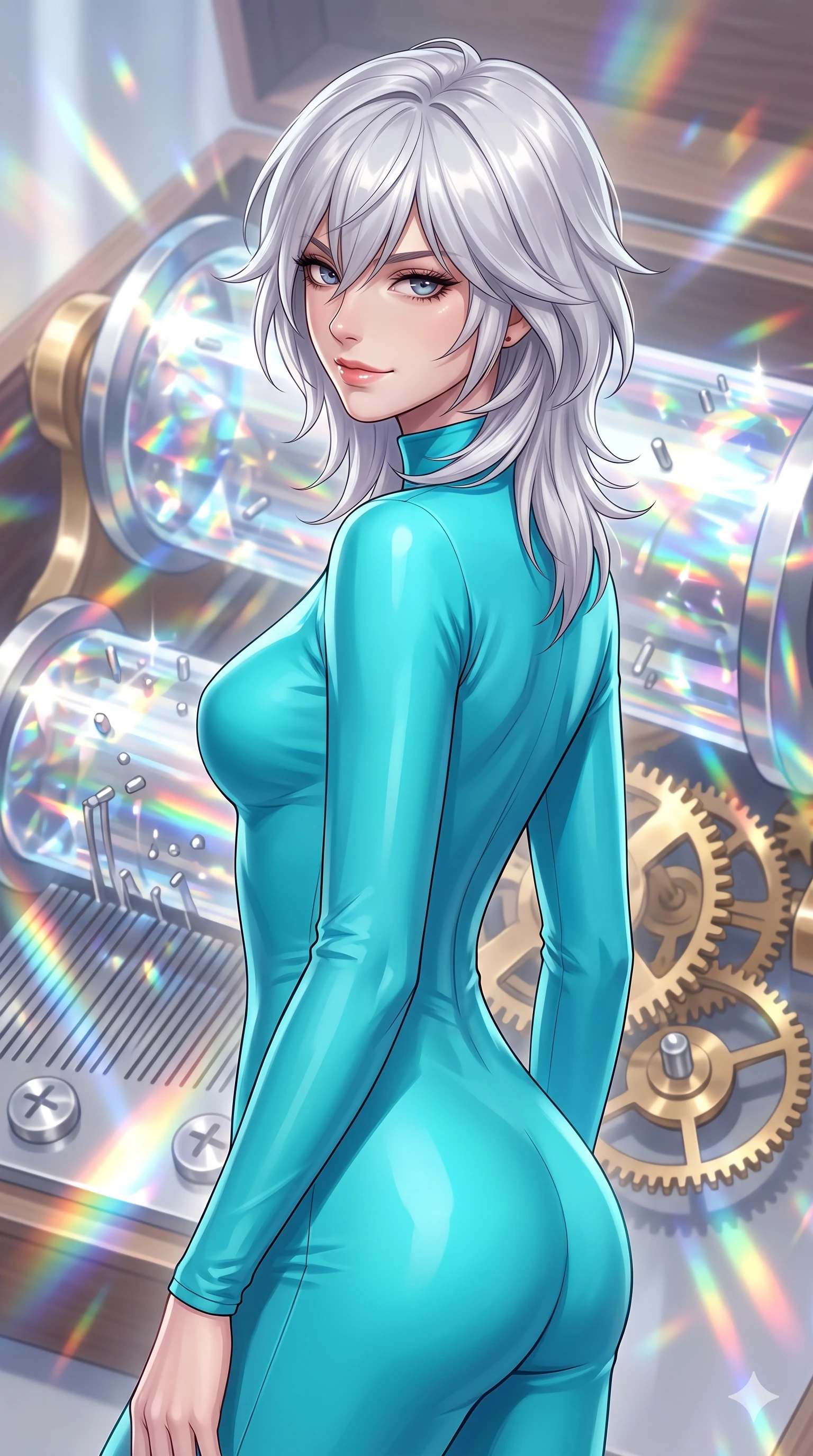 score_9, masterpiece, best quality, ultra-detailed, high-budget anime keyframe, editorial fashion photography, tasteful artistic composition, Japanese woman. close-up cowboy shot from the waist and thighs up, the character dominates the composition, filling the frame with her large presence, background elements kept in soft focus. Glancing sidelong over her shoulder with a smoldering half-smile. set against a soft-focus background of inside a giant music box mechanism with rotating crystal cylinders silver pins plucking ethereal melodies and delicate clockwork gears of polished brass turning in perfect synchronization. She has an exceptionally elegant and slender, willowy female figure with an ultra-slim waist, a gracefully sculpted slender torso, and a refined slim physique. sharp v-shaped jawline, high-bridge nose, intricate jewel-like eyes with depth, thick eyelashes, glossy lips with a natural sheen. wearing a precision-tailored catsuit in a vibrant turquoise stretch fabric, featuring long sleeves and a high collar that highlights her slender neck. sparkling prismatic light refracting through the rotating crystal cylinders casting rainbow patterns that sweep across the space in rhythm with the melody. 2k, ultra detail, master piece, 9:16 ratio