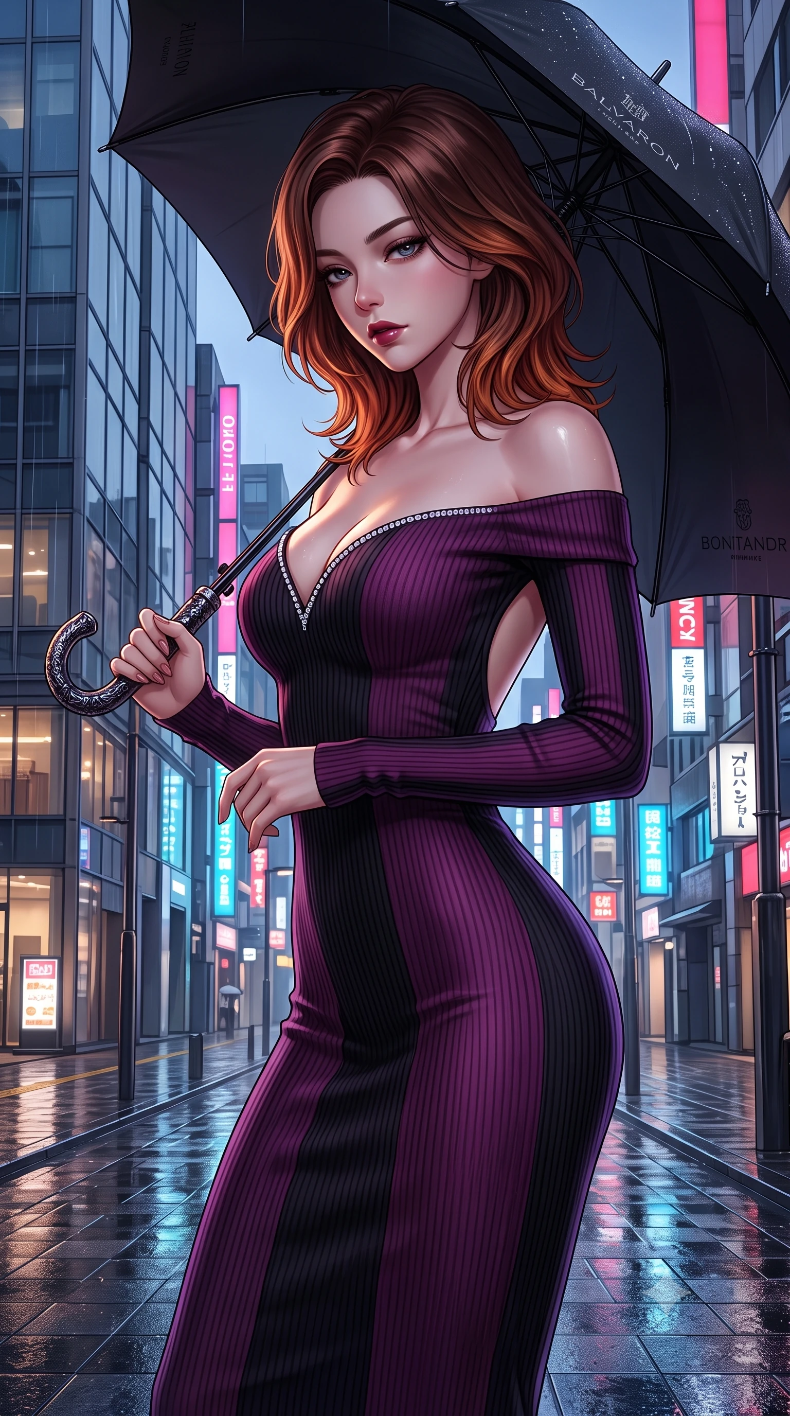 score_9, masterpiece, best quality, ultra-detailed, high-budget anime keyframe, semi-realistic 3D game render, editorial fashion photography, tasteful artistic composition, Korean woman. close-up cowboy shot from the waist and thighs up, the character dominates the composition, filling the frame with her large presence. glancing down over lowered lashes before meeting the camera with quiet, devastating intensity, her tailored outfit tracing her ultra-slim waist and hips while resting one hand on the umbrella handle while turning in an alluring contrapposto stance, her smoldering bedroom-eyes holding the lens with magnetic intensity. The surrounding environment is rendered in vivid detail and crisp panoramic clarity. detailed outfit drape, wet reflections on skin, and Ginza architecture lines in razor-sharp resolution. She has an exceptionally elegant, slender, and willowy female figure with an ultra-slim waist, flat toned midriff, narrow ribcage, and sculpted feminine hips creating an alluring, slim hourglass silhouette without bulk. sharp v-shaped jawline, high-bridge nose, intricate jewel-like dark sparkling eyes with dangerous depth, thick curled eyelashes, glossy parted lips with a rich wine sheen, smoldering seductive half-smile with bedroom-eyes, exuding effortless superiority and intoxicating dark allure, flawlessly proportioned anatomical accuracy, strict slender model proportions, natural body alignment, perfectly sculpted long slender limbs, ultra-slim waistline, clean dynamic posture without body distortion. wearing a form-contouring off-shoulder ribbed cashmere bodycon midi dress with a low-back scoop in rich plum violet and deep onyx black, made of liquid-tight stretch jersey emphasizing every curve of her body, finished with subtle crystal rhinestones lining the plunging neckline, the form-fitting cut adhering flawlessly to her sculpted flat midriff and slender torso, emphasizing her long leg lines and perfectly proportioned willowy build. illuminated by wet ground specular reflections accentuating her sculpted collarbones, ultra-slim waist, and curvy hips. highly saturated vibrant anime colors, detailed shading with soft gradients, rich glossy textures, high-contrast stereoscopic depth, volumetric dynamic lighting, master piece, 9:16 ratio