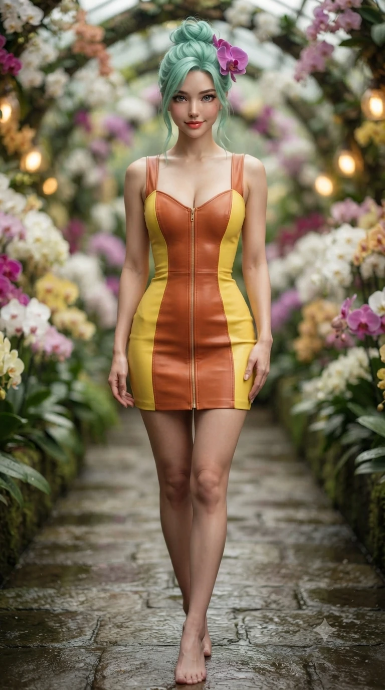 score_9, masterpiece, best quality, ultra-detailed, high-budget anime keyframe, editorial fashion photography, tasteful artistic composition, Japanese woman. close-up cowboy shot from the waist and thighs up, the character dominates the composition, filling the frame with her large presence. tilting her head with a teasing half-smile, running one hand slowly down the side of her hip in a flirtatious S-curve as ambient light caresses her silhouette while walking slowly down the humid stone pathway with hypnotic grace, hips swaying in an alluring sensual rhythm that commands the floral pavilion. The background shows a soft-focus high-society orchid pavilion softened in romantic floral shallow focus. She has an exceptionally elegant, slender, and willowy female figure with an ultra-slim waist, flat toned midriff, narrow ribcage, and sculpted feminine hips creating an alluring, slim hourglass silhouette without bulk. sharp v-shaped jawline, high-bridge nose, sparkling eyes with hypnotic seductive depth, thick curled eyelashes, glossy parted lips with a natural dewy peach sheen, alluring bedroom-eyes with an enchanting coquettish smile, exuding magnetic siren charisma and sophisticated glamour, flawlessly proportioned anatomical accuracy, strict slender model proportions, natural body alignment, perfectly sculpted long slender limbs, ultra-slim waistline, clean dynamic posture without body distortion. wearing a glove-like stretch lambskin leather corset mini dress with double-ended front zipper in sun-kissed terracotta and Amalfi lemon yellow, tailored from crisp high-density botanical cotton poplin with pristine structural hold, accented with a fresh-bloomed exotic magenta orchid tucked gracefully into her dark glossy hair, the glove-like clinging cut tightly following the natural contour of her hips and long slender legs with youthful 8.5-heads elegance. bathed in soft, flattering filtered skylight mixed with warm golden accent lights beneath the floral arches. ultra-reflective glossy finish, specular highlights, rich textural contrasts, high-contrast stereoscopic depth, volumetric dynamic lighting, 2k, ultra detail, master piece, 9:16 ratio