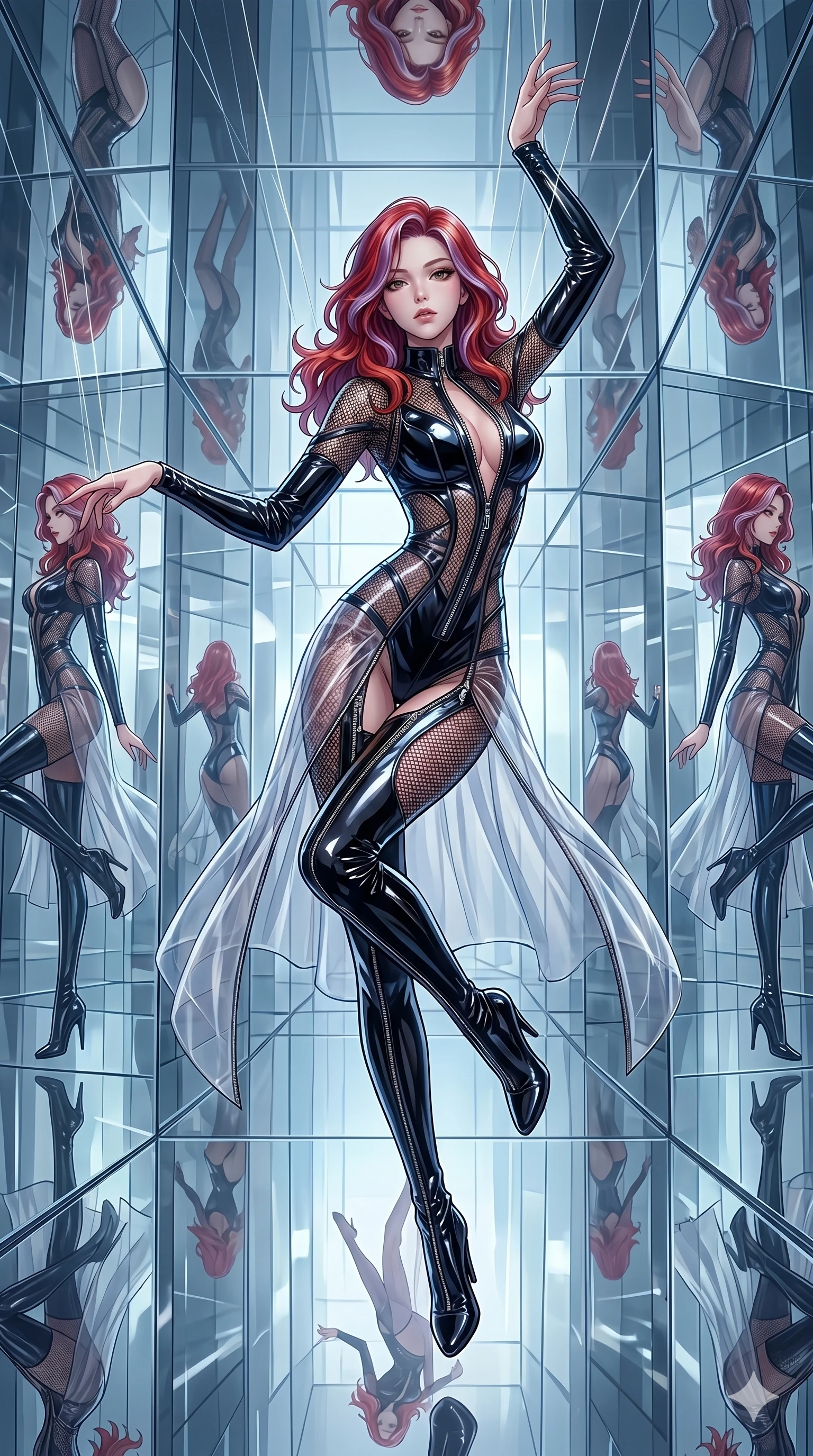 score_9, masterpiece, best quality, ultra-detailed, High-budget Anime Keyframe, East Asian woman. Dynamic full-body shot stretching the vertical silhouette to the limit. Scenario 166: Suspended by invisible silk threads in a hall of mirrors. Her presence is magnetic and overpowering in this high-budget anime scene. Outfit 166: A patent leather mesh with a unzipped detail and translucent layers. The clothing is designed to emphasize her exceptionally tall and slender 8-heads proportion. 8-heads proportion, towering silhouette, ultra-slim waist. sharp v-shaped jawline, intricate jewel-like eyes with depth, thick eyelashes, glossy lips. 2k, ultra detail, master piece, 9:16 ratio