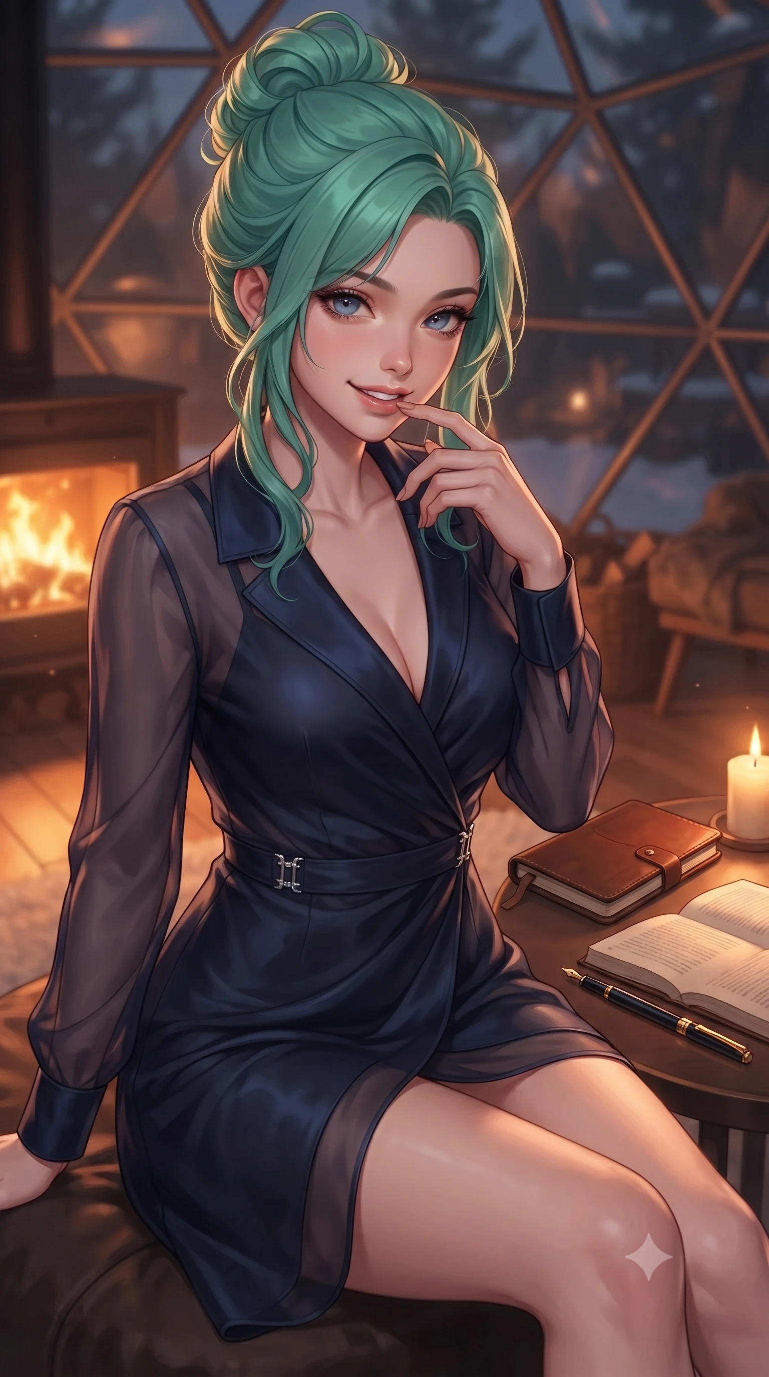 score_9, masterpiece, best quality, ultra-detailed, high-budget anime keyframe, editorial fashion photography, tasteful artistic composition, Japanese woman. close-up cowboy shot from the waist and thighs up, the character dominates the composition, filling the frame with her large presence, background elements kept in soft focus. gently touching her lower lip with one finger, looking up at the viewer with a deeply charming, sultry smile set against a soft-focus background of inside an exclusive geodesic dome with an open leather journal and a gold fountain pen sitting next to a candle. She has an exceptionally elegant, slender, and willowy female figure with an ultra-slim waist, a gracefully sculpted slender torso, and a refined silhouette. sharp v-shaped jawline, high-bridge nose, intricate jewel-like eyes with depth, thick eyelashes, glossy lips with a natural sheen. wearing slim-fit midnight navy sheer organza sleek long-sleeve silk wrap dress contouring her ultra-slim waist elegantly accented with delicate silver hardware. bathed in cozy, flickering fireplace light that paints the room in a warm orange wash. highly saturated vibrant anime colors, detailed shading with soft gradients, rich glossy textures, high-contrast stereoscopic depth, volumetric dynamic lighting, master piece, 9:16 ratio