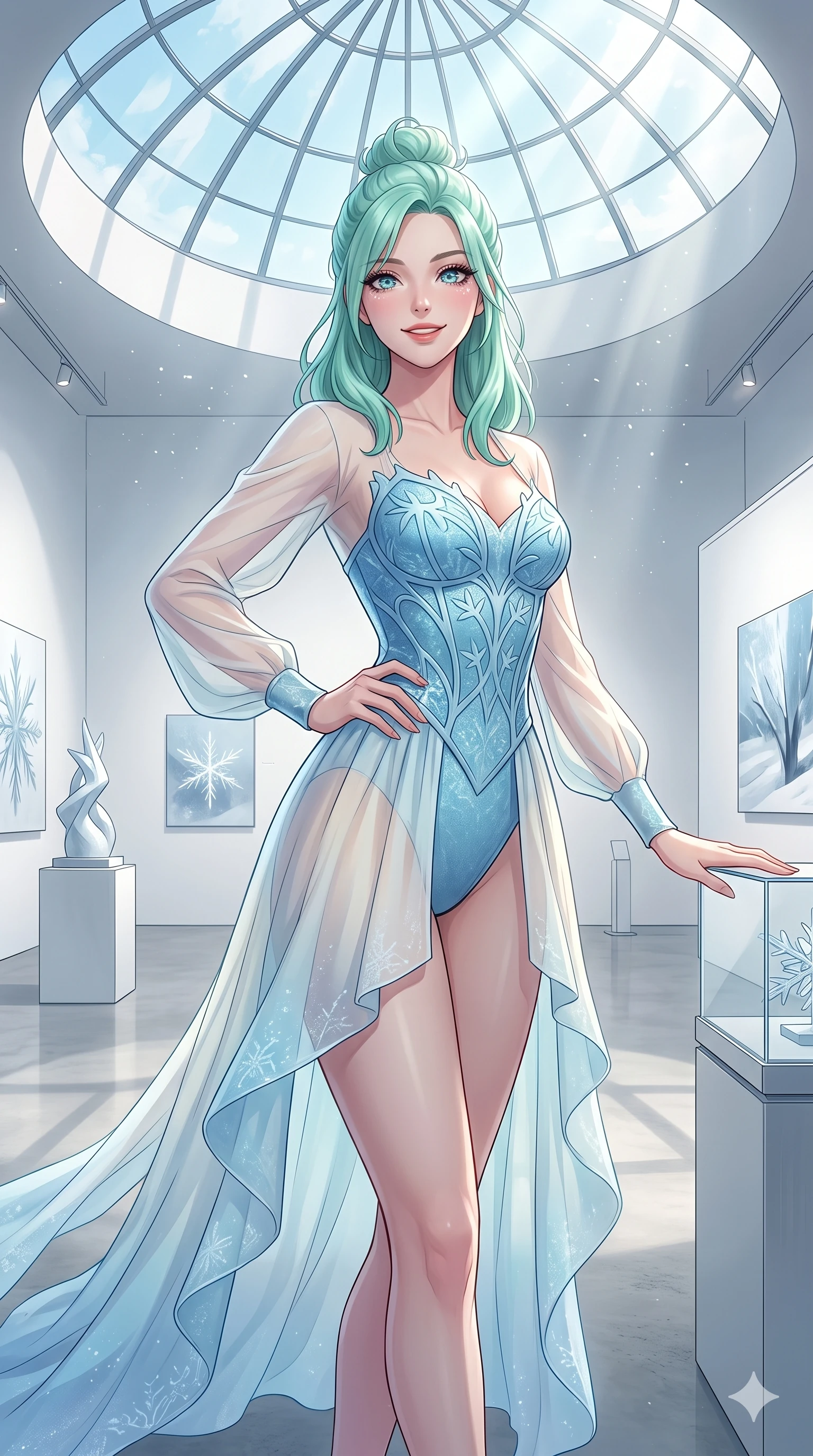 score_9, masterpiece, best quality, ultra-detailed, high-budget anime keyframe, vibrant anime aesthetic, Japanese woman. cowboy shot from the thighs up, character and outfit filling the frame for maximum presence. She is posing with a warm, magnetic winter smile, her eyes glowing with lively energy inside a bright, minimalist art gallery in the winter (Code-P21-127). She has an absolutely perfect 8-heads proportion, an exceptionally tall and slender female figure with impossibly long slender legs and an ultra-slim waist. V-shaped jawline, high-bridge nose, intricate jewel-like eyes with depth, thick eyelashes, glossy lips with a natural sheen. wearing a custom textured bodice combined with a delicate chiffon cover-up in winter. She is illuminated by dramatic, volumetric sunlight streaming through a glass atrium dome. 2k, ultra detail, master piece, 9:16 ratio