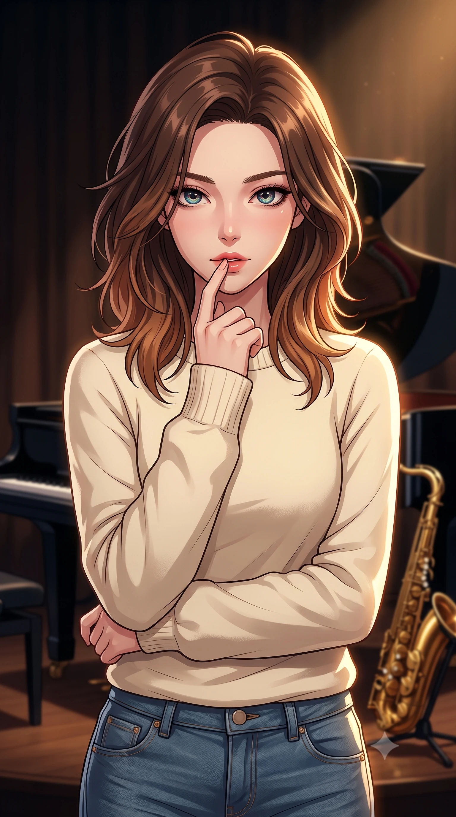 score_9, masterpiece, best quality, ultra-detailed, high-budget anime keyframe, tasteful artistic composition, Korean woman. close-up cowboy shot from the waist and thighs up, the character dominates the composition, filling the frame with her large presence, background elements kept in soft focus. pressing one finger to her bottom lip in a thoughtful, seductive gesture under the warm sun the background shows a soft-focus a dimly lit jazz lounge stage next to a glossy black grand piano and a brass saxophone. She has an exceptionally elegant, slender, and willowy female figure with an ultra-slim waist, a gracefully sculpted slender torso, and a refined silhouette. sharp v-shaped jawline, high-bridge nose, intricate jewel-like eyes with depth, thick eyelashes, glossy lips with a natural sheen. wearing a tailored comfortable cream fleece sweater over blue denim jeans. a single warm spotlight tracing her statuesque posture against the dark backdrop. highly saturated vibrant anime colors, cel-shading, 2d style, master piece, 9:16 ratio