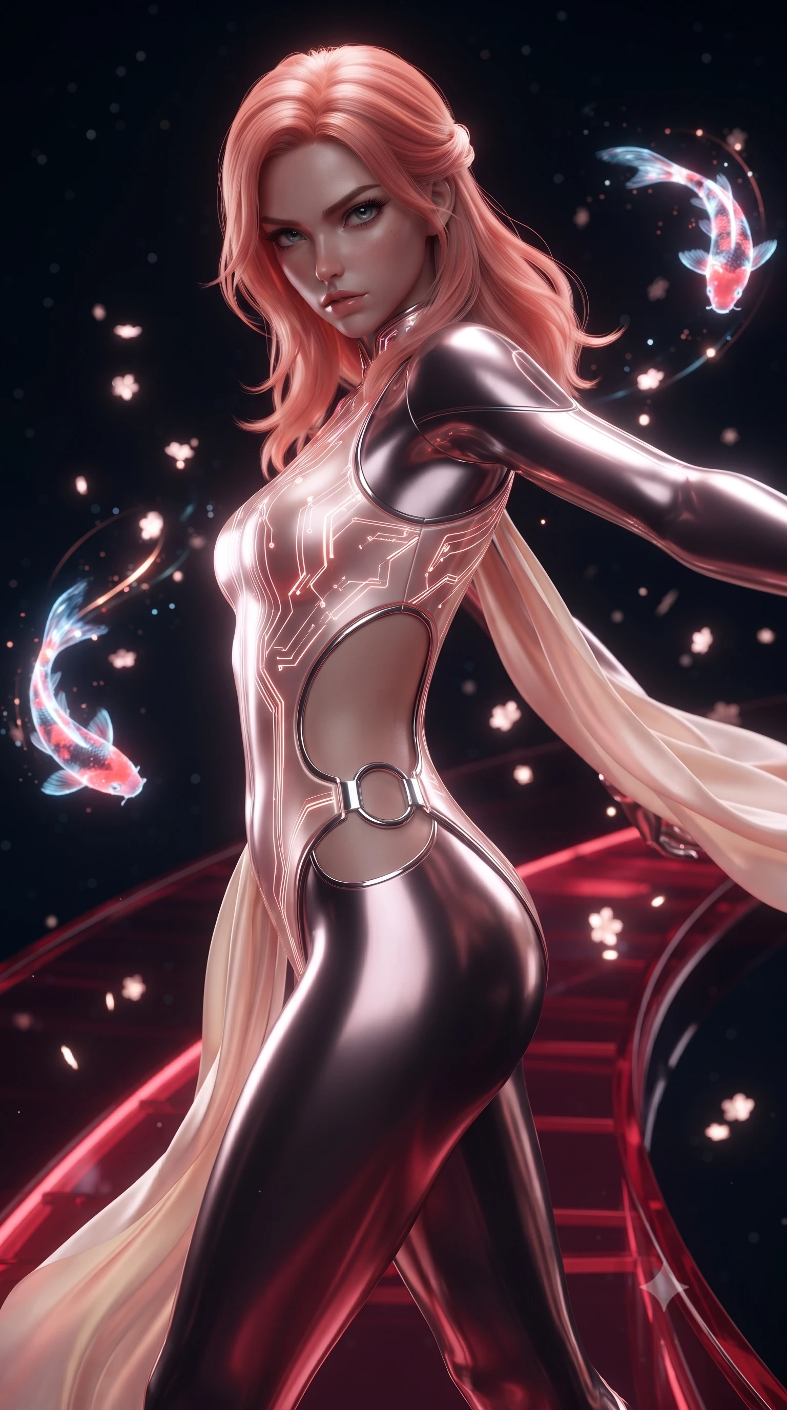 score_9, masterpiece, best quality, ultra-detailed, high-budget anime keyframe, editorial fashion photography, tasteful artistic composition, Japanese woman. close-up cowboy shot from the waist and thighs up, the character dominates the composition, filling the frame with her large presence. stretching forward with an alluring arch of her spine, glancing over her shoulder with divine self-assurance and magnetic intensity while stepping along a curved crimson glass bridge as holographic koi swim through the air around her slender silhouette. The composition keeps background elements in soft focus with creamy bokeh. drifting holographic blossom particles scattering soft glowing glints across a dark backdrop. She has an exceptionally elegant, slender, and willowy female figure with an ultra-slim waist, a gracefully sculpted slender torso, toned flat midriff, and a refined slim silhouette. sharp v-shaped jawline, high-bridge nose, intricate jewel-like eyes with depth, thick eyelashes, glossy lips with a natural sheen, flawlessly proportioned anatomical accuracy, strict slender model proportions, natural body alignment, perfectly sculpted long slender limbs, ultra-slim waistline, clean dynamic posture without body distortion. wearing an aerodynamic sculpted liquid-chrome bodysuit with glowing neon fiber-optic circuitry and an elegant high-fashion cut in sculpted rose gold and luminescent champagne ivory, made of smooth flowing silk chiffon that shifts colors with movement, detailed with polished silver rings connecting the daring side-waist cutouts, the glove-like aerodynamic second-skin fit tightly clinging to her ultra-slender waist and athletic curves without adding bulk, accentuating her razor-sharp statuesque lines and slim hourglass silhouette. illuminated by crisp white key light and sharp specular highlights tracing her sculpted silhouette. ultra-reflective glossy finish, specular highlights, dark metallic sheen, high-contrast stereoscopic depth, volumetric dynamic lighting, 2k, ultra detail, master piece, 9:16 ratio