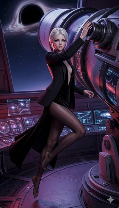 score_9, masterpiece, best quality, ultra-detailed, semi-realistic 3D game render, high-fidelity textures, Unreal Engine 5 style, Caucasian (strictly human ears) woman. Extreme high angle shot as she leaps towards the camera, filling the frame. adjus