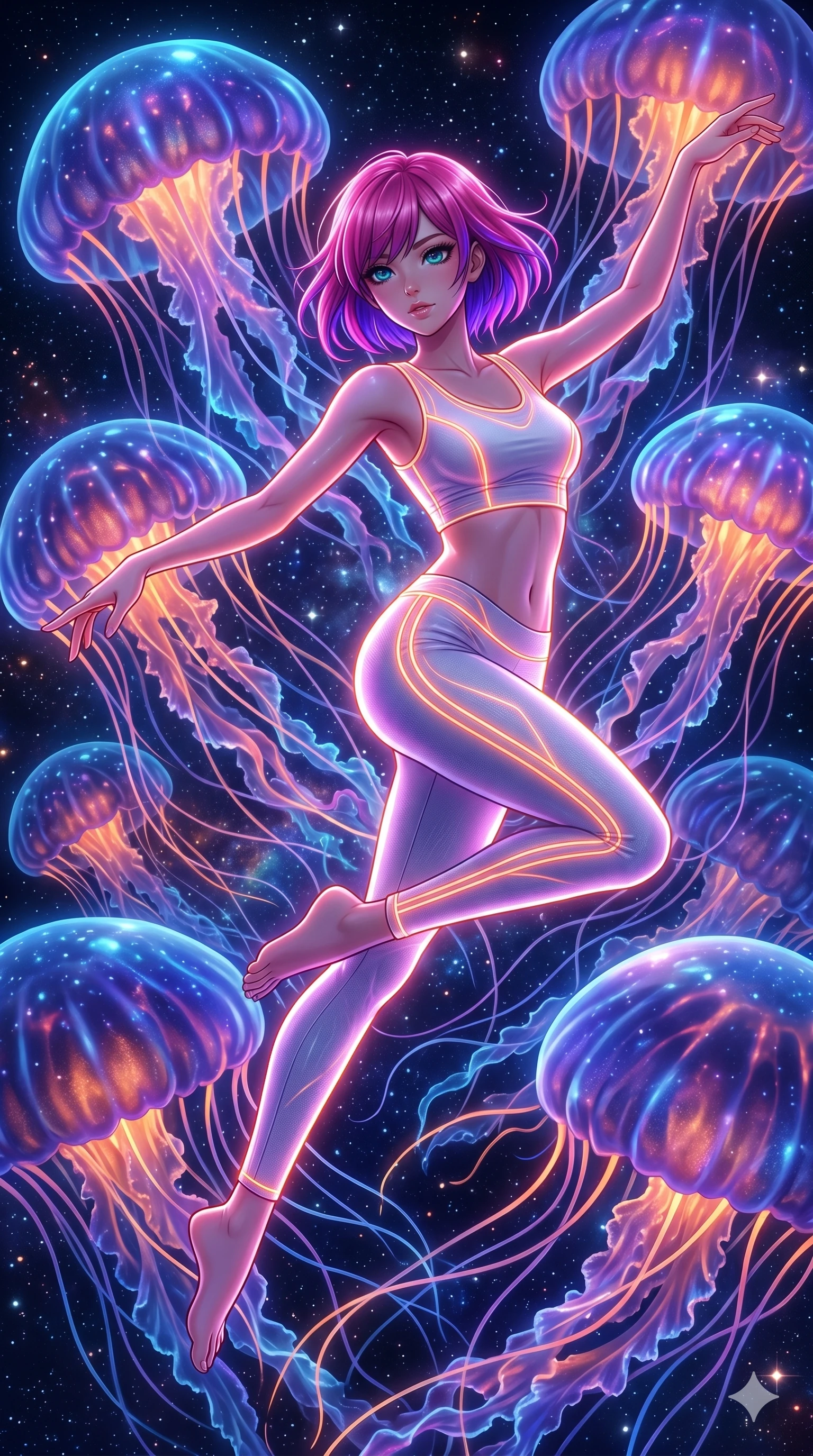score_9, masterpiece, best quality, ultra-detailed, high-budget anime keyframe, Japanese woman. upper body close-up from the thighs up, character filling the screen for maximum presence. swirling gracefully among the glowing ribbon-like tentacles of giant bioluminescent jellyfish floating in a starry sky garden. She has an absolutely perfect 8-heads proportion, an exceptionally tall and slender female figure with impossibly long slender legs and an ultra-slim waist. V-shaped jawline, high-bridge nose, intricate jewel-like eyes with depth, thick eyelashes, glossy lips with a natural sheen.. wearing a neon filament athleisure set, featuring a tight white crop top and matching leggings woven with glowing orange neon filaments, highlighting her slender body contour. bathed in brilliant cinematic volumetric lighting and intense neon rim light highlighting her slender form. 2k, ultra detail, master piece, 9:16 ratio