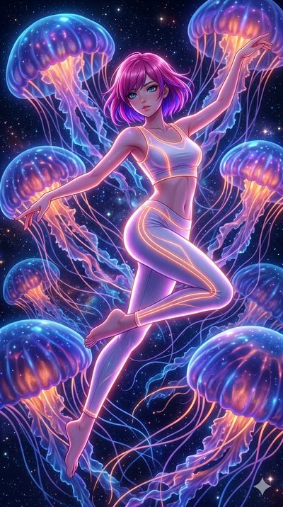 score_9, masterpiece, best quality, ultra-detailed, high-budget anime keyframe, Japanese woman. upper body close-up from the thighs up, character filling the screen for maximum presence. swirling gracefully among the glowing ribbon-like tentacles of 