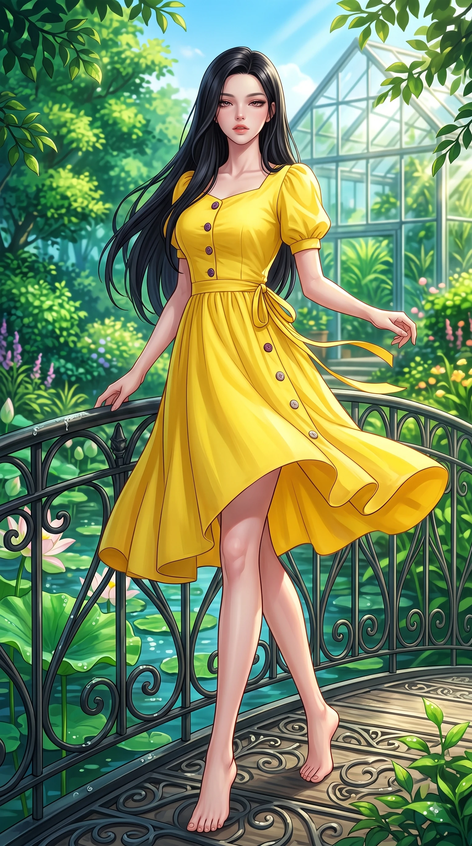 score_9, masterpiece, best quality, ultra-detailed, high-budget anime keyframe, editorial fashion photography, tasteful artistic composition, Korean woman. low angle full-body shot from head to toe showing her feet, filling the entire 9:16 vertical frame with her statuesque presence, stretching her vertical silhouette. Sensual alluring expression with smoldering intensity, half-closed bedroom eyes, and softly parted glossy lips while pivoting gracefully on a wrought-iron bridge over a lotus pond dripping with morning dew. The surrounding environment is rendered in vivid detail and crisp panoramic clarity. rich emerald green foliage and sunlit glass refractions captured with high environmental clarity. She has an absolutely perfect, statuesque 8.5-heads proportion, an exceptionally tall and slender model-like female figure with impossibly long slender legs and an ultra-slim waist. sharp v-shaped jawline, high-bridge nose, intricate jewel-like eyes with depth, thick eyelashes, glossy lips with a natural sheen, flawlessly proportioned anatomical accuracy, natural body alignment, perfectly sculpted elegant limbs, clean dynamic posture without body distortion. wearing a bright canary yellow cotton sundress with short puff sleeves and wooden buttons in rich plum violet and metallic platinum, crafted from soft breathable Italian linen, accented with a delicate side waist sash creating fluid lines, the fluid drape swaying gracefully with her dynamic editorial movement. surrounded by a lush, vibrant, and enchanting garden editorial ambiance. highly saturated vibrant anime colors, detailed shading with soft gradients, rich glossy textures, high-contrast stereoscopic depth, volumetric dynamic lighting, master piece, 9:16 ratio