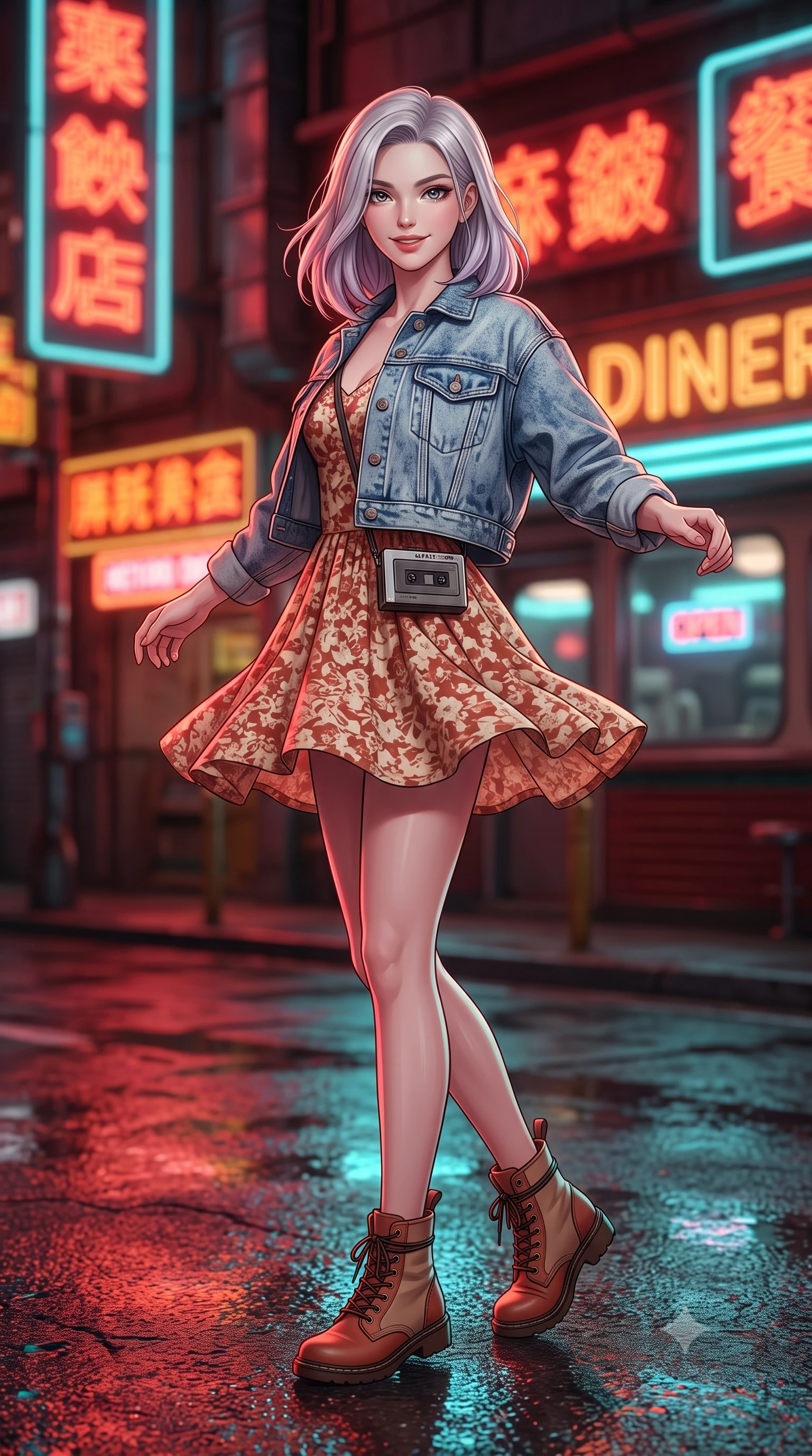 score_9, masterpiece, best quality, ultra-detailed, high-budget anime keyframe, semi-realistic 3D game render, editorial fashion photography, tasteful artistic composition, Caucasian woman. low angle full-body shot from head to toe showing her feet, filling the entire 9:16 vertical frame with her statuesque presence, stretching her vertical silhouette. executing an elegant mid-motion spin with effortless grace, her garments fluttering softly around her ultra-slim waistline while pivoting playfully outside a retro diner's glowing neon window, smiling with infectious nostalgic girlhood charm. The composition keeps background elements in soft focus with creamy bokeh. glowing neon signs in kanji/english and wet asphalt light reflections blurred into rich crimson, amber, and cyan bokeh. She has an absolutely perfect, statuesque 8.5-heads proportion, an exceptionally tall and slender model-like female figure with impossibly long slender legs, a toned flat midriff, and an ultra-slim waist. sharp v-shaped jawline, high-bridge nose, intricate jewel-like eyes with depth, thick eyelashes, glossy lips with a natural sheen, captivating and magnetic expression, flawlessly proportioned anatomical accuracy, strict slender model proportions, natural body alignment, perfectly sculpted long slender limbs, ultra-slim waistline, clean dynamic posture without body distortion. wearing a classic cropped acid-wash denim jacket paired with a floral print slip dress and combat boots in warm terracotta and oatmeal beige, made of premium heavyweight washed denim and breathable cotton poplin, accessorized with a vintage portable cassette Walkman clipped to her waistband, the form-contouring material adhering flawlessly to her sculpted flat midriff and slender torso, emphasizing her long leg lines and perfectly proportioned willowy build. bathed in rich neon red and cyan streetlamp glow bouncing off wet asphalt surfaces. highly saturated vibrant anime colors, detailed shading with soft gradients, rich glossy textures, high-contrast stereoscopic depth, volumetric dynamic lighting, master piece, 9:16 ratio