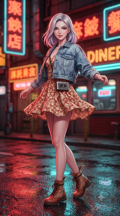 score_9, masterpiece, best quality, ultra-detailed, high-budget anime keyframe, semi-realistic 3D game render, editorial fashion photography, tasteful artistic composition, Caucasian woman. low angle full-body shot from head to toe showing her feet, 