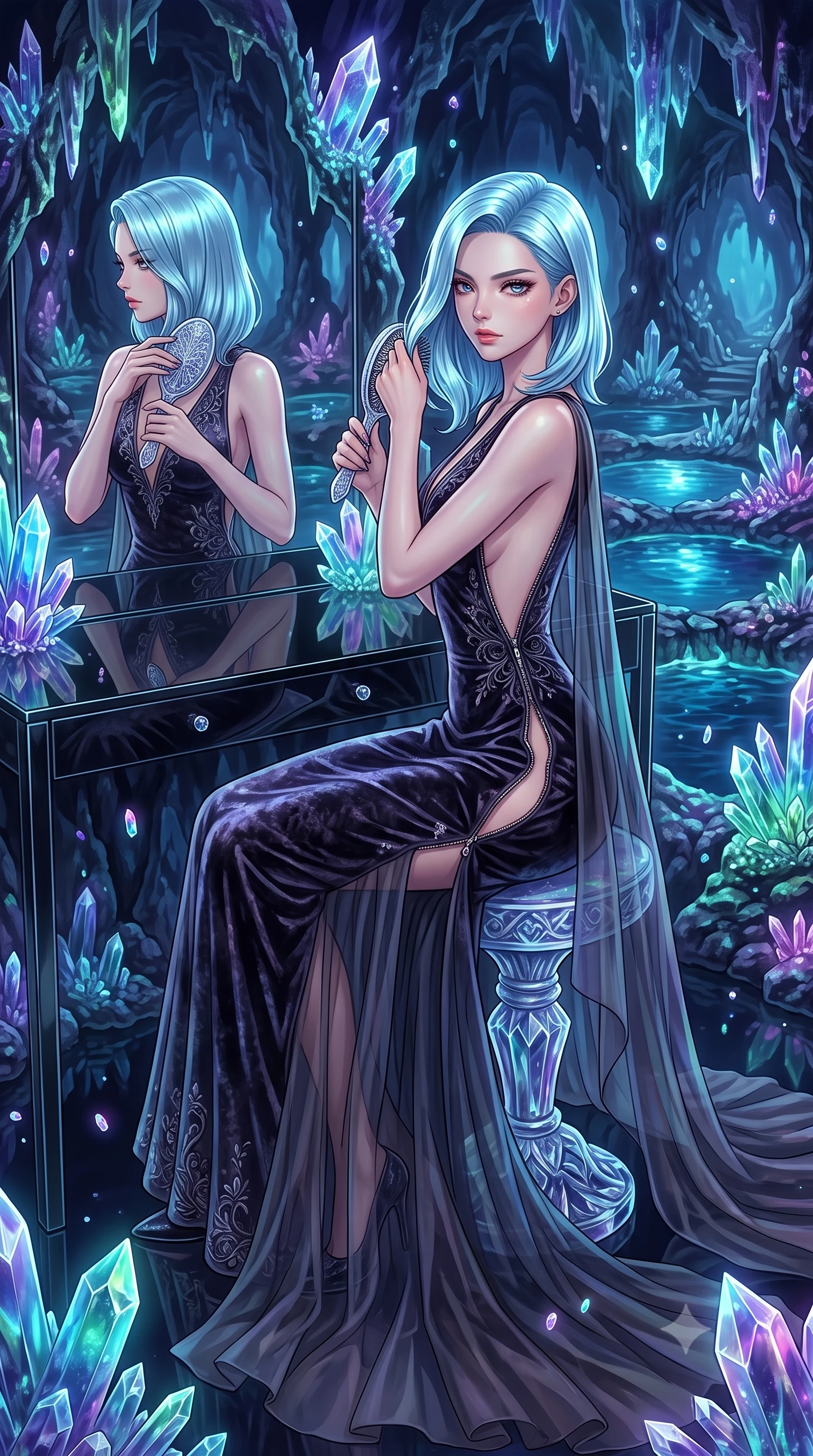 score_9, masterpiece, best quality, ultra-detailed, High-budget Anime Keyframe, East Asian woman. Dynamic full-body shot stretching the vertical silhouette to the limit. Scenario 260: brushing her hair while seated before a vanity of black glass in an underground cave lined with glowing quartz crystals and deep pools. Her presence is magnetic and overpowering in this high-budget anime scene. Outfit 260: a body-hugging crushed dark velvet long with a unzipped detail and translucent layers. The clothing is designed to emphasize her exceptionally tall and slender 8-heads proportion. 8-heads proportion, towering silhouette, ultra-slim waist. sharp v-shaped jawline, intricate jewel-like eyes with depth, thick eyelashes, glossy lips. 2k, ultra detail, master piece, 9:16 ratio
