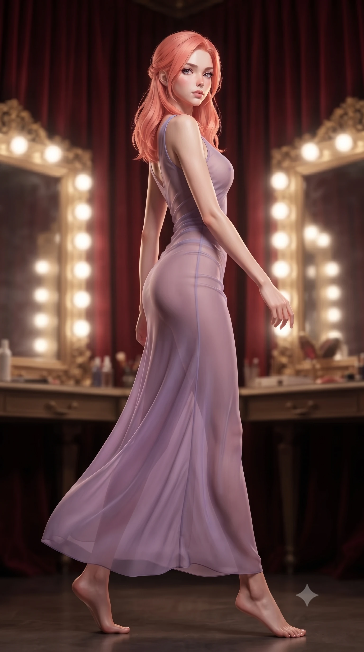 score_9, masterpiece, best quality, ultra-detailed, high-budget anime keyframe, editorial fashion photography, tasteful artistic composition, Japanese woman. low angle full-body shot from head to toe showing her feet, filling the entire 9:16 vertical frame with her statuesque presence, stretching her vertical silhouette. stepping gracefully while looking back over her shoulder, her dress draped tightly to reveal her silhouette the background shows a soft-focus an old theater dressing room with heavy red velvet curtains and gold mirrors. She has an absolutely perfect, statuesque 8.5-heads proportion, an exceptionally tall and slender model-like female figure with impossibly long slender legs and an ultra-slim waist. sharp v-shaped jawline, high-bridge nose, intricate jewel-like eyes with depth, thick eyelashes, glossy lips with a natural sheen. wearing a body-hugging semi-transparent chiffon maxi dress in lavender, showing her silhouette through the sheer fabric. soft vanity lighting reflecting off the mirrors to create a glowing frame. ultra-reflective glossy finish, specular highlights, metallic sheen, high-contrast stereoscopic depth, volumetric dynamic lighting, 2k, ultra detail, master piece, 9:16 ratio