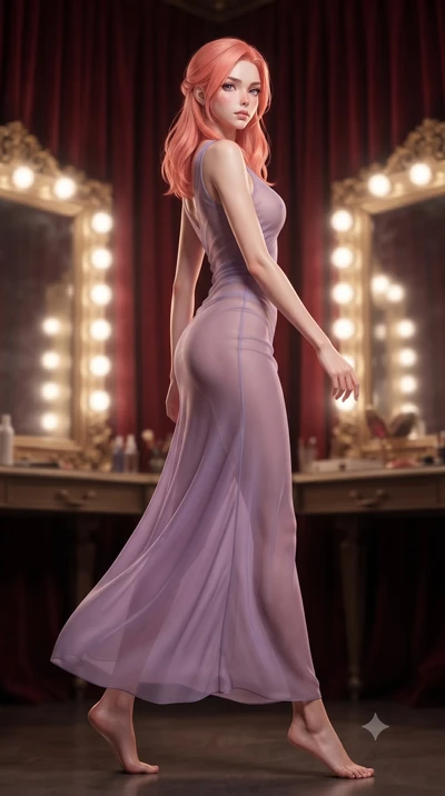 score_9, masterpiece, best quality, ultra-detailed, high-budget anime keyframe, editorial fashion photography, tasteful artistic composition, Japanese woman. low angle full-body shot from head to toe showing her feet, filling the entire 9:16 vertical