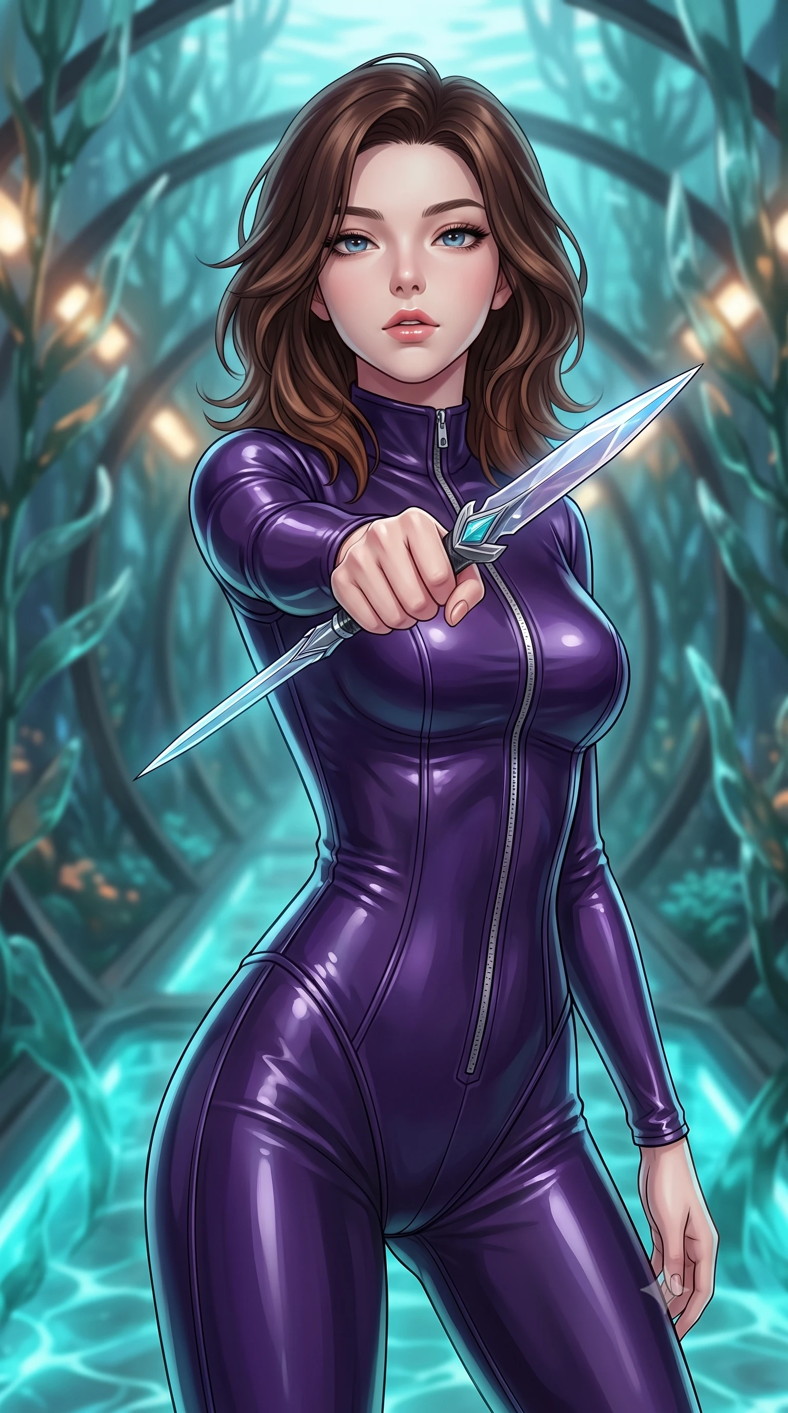 score_9, masterpiece, best quality, ultra-detailed, high-budget anime keyframe, editorial fashion photography, tasteful artistic composition, Korean woman. close-up cowboy shot from the waist and thighs up, the character dominates the composition, filling the frame with her large presence, background elements kept in soft focus. pointing a crystal-edged laser dagger forward in a defensive stance, tilting her chin up slightly with lips parted in a composed pose, the background shows a soft-focus a volcanic glass research tunnel running through a forest of glass kelp. She has an exceptionally elegant, slender, and willowy female figure with an ultra-slim waist, a gracefully sculpted slender torso, and a refined silhouette. sharp v-shaped jawline, high-bridge nose, intricate jewel-like eyes with depth, thick eyelashes, glossy lips with a natural sheen. wearing a body-hugging form-contouring pilot flight suit in deep purple liquid vinyl, featuring a snug mock-neck and chrome zipper details. ethereal turquoise light diffusing from the ocean floor, wrapping her form. highly saturated vibrant anime colors, detailed shading with soft gradients, rich glossy textures, high-contrast stereoscopic depth, volumetric dynamic lighting, master piece, 9:16 ratio