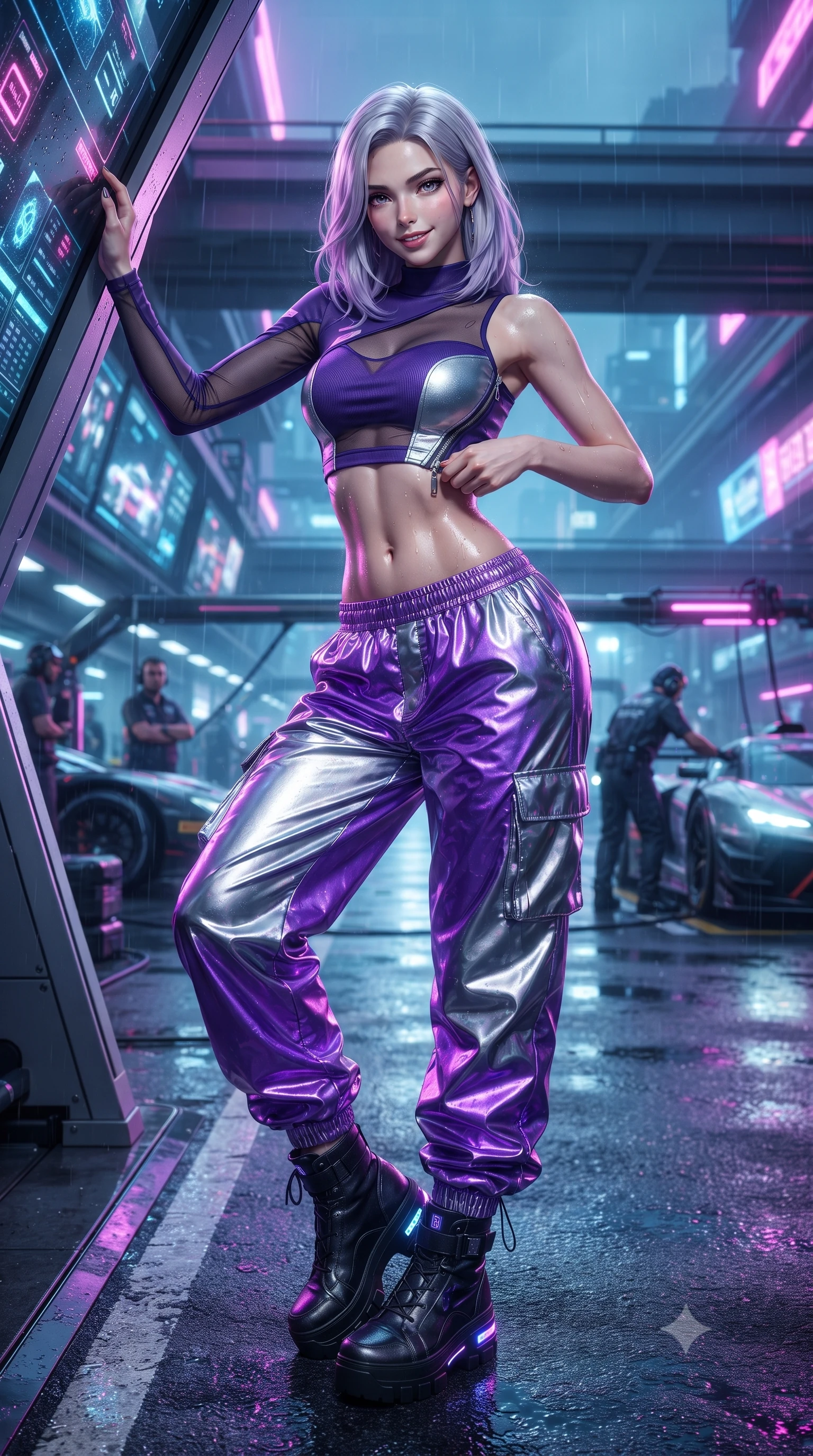 score_9, masterpiece, best quality, ultra-detailed, high-budget anime keyframe, editorial fashion photography, tasteful artistic composition, Caucasian woman. low angle full-body shot from head to toe showing her feet, filling the entire 9:16 vertical frame with her statuesque presence, stretching her vertical silhouette. leaning deep against the structural architecture with hips cocked in an unapologetically bold, seductive high-fashion stance while unzipping her leather racing suit with a slow, teasing smile, eyes locked with daring magnetism on the viewer. The surrounding environment is rendered in vivid detail and crisp panoramic clarity. vibrant high-contrast cyberpunk motorsport chiaroscuro and raw high-speed racing adrenaline in precision. She has an absolutely perfect, statuesque 8.5-heads proportion, an exceptionally tall and slender model-like female figure with impossibly long slender legs, a toned flat midriff, and an ultra-slim waist. sharp v-shaped jawline, high-bridge nose, intricate jewel-like eyes with depth, thick eyelashes, glossy parted lips with a natural sheen, intensely captivating and seductive expression, flawlessly proportioned anatomical accuracy, strict slender model proportions, natural body alignment, perfectly sculpted long slender limbs, ultra-slim waistline, clean dynamic posture without body distortion. wearing an asymmetric single-sleeve moto crop top paired with baggy metallic parachute trousers and grommet belt in toxic ultraviolet purple and chrome silver, made of stretchy athletic knit with sheer mesh cutout inserts, accented with diagonal metal zippers running across the side-waist cutouts, the glove-like aerodynamic second-skin fit tightly clinging to her ultra-slender waist and athletic curves without adding bulk, accentuating her razor-sharp statuesque lines and slim hourglass silhouette. illuminated by wet specular asphalt bounce lights sculpting her toned midriff, slender waist, and long legs. ultra-reflective glossy finish, specular highlights, rich textural contrasts, high-contrast stereoscopic depth, volumetric dynamic lighting, 2k, ultra detail, master piece, 9:16 ratio