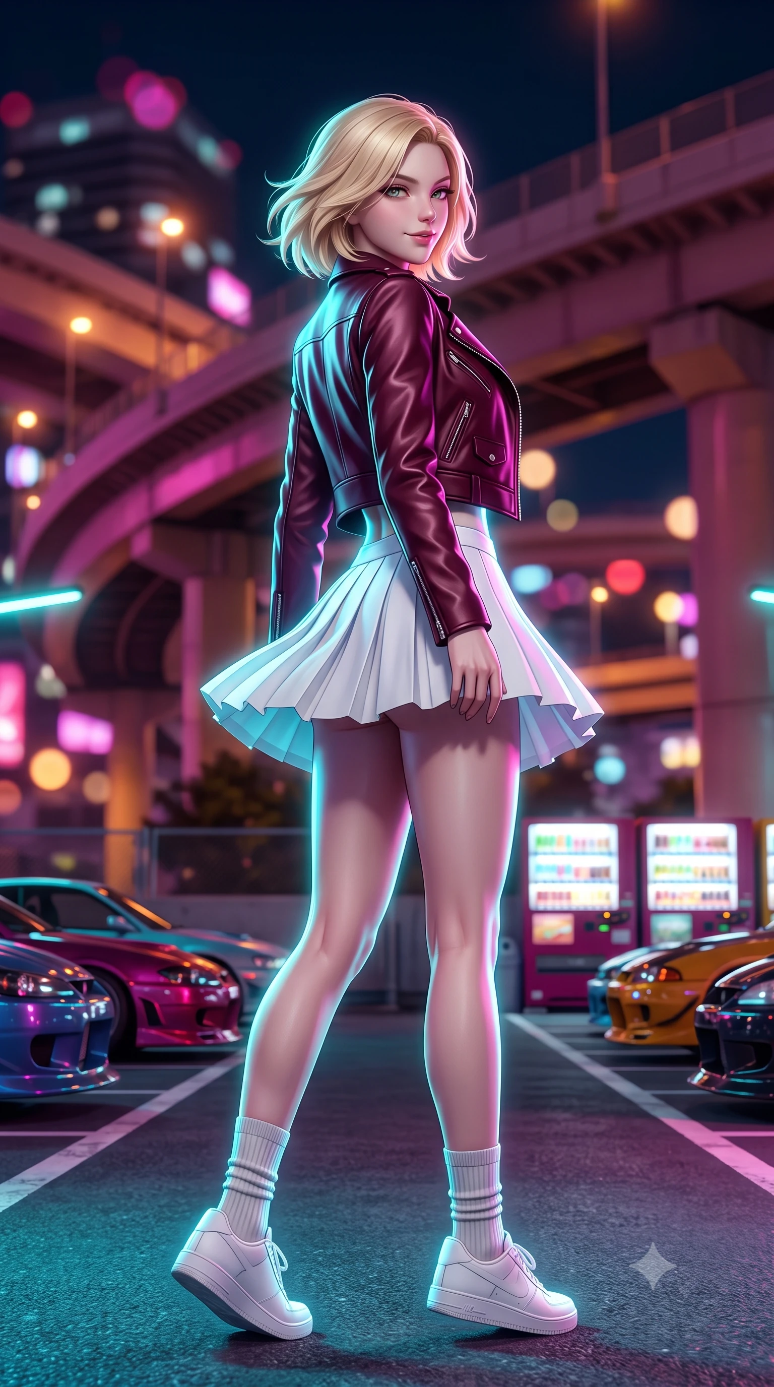 score_9, masterpiece, best quality, ultra-detailed, high-budget anime keyframe, semi-realistic 3D game render, editorial fashion photography, tasteful artistic composition, Caucasian woman. low angle full-body shot from head to toe showing her feet, filling the entire 9:16 vertical frame with her statuesque presence, stretching her vertical silhouette. executing an athletic pivot turn as her pleated tennis skirt flutters around her slender legs, glancing over her shoulder with an intoxicating, teasing bedroom-gaze while twisting her slender torso in an alluring S-curve in the parking bay, neon underglow lighting tracing her tight suit curves and flat midriff. The background shows a soft-focus curving elevated Tokyo highway ramps, rows of customized sports cars, and illuminated vending machine banks blurred into magenta, amber, and cyan bokeh. She has an absolutely perfect, statuesque 8.5-heads proportion, an exceptionally tall and slender model-like female figure with impossibly long slender legs, an ultra-slim waist, a flat toned midriff, narrow delicate ribcage, and beautifully sculpted feminine hips creating a graceful, slim hourglass silhouette without any bulky heaviness. sharp v-shaped jawline, high-bridge nose, sparkling eyes with athletic focus and depth, thick curled eyelashes, glossy parted lips with a natural coral-peach sheen, bright confident and coquettish smile with alluring bedroom-eyes, exuding both youthful sporty vigor and sovereign high-society glamour, flawlessly proportioned anatomical accuracy, strict slender model proportions, natural body alignment, perfectly sculpted long slender limbs, ultra-slim waistline, clean dynamic posture without body distortion. wearing a cropped leather motorcycle jacket worn over a plunging polo bodysuit and tailored white micro-skirt in rich burgundy wine and crisp court white, crafted from supple buttery lambskin racing leather with a satin sheen, complemented by ribbed knit crew socks and clean white designer court sneakers, the form-fitting tailored bodice adhering flawlessly to her sculpted flat midriff and slender torso, emphasizing her long leg lines and perfectly proportioned willowy build. bathed in intense saturated underglow neons in electric cyan and magenta contrasting with night shadows. highly saturated vibrant anime colors, detailed shading with soft gradients, rich glossy textures, high-contrast stereoscopic depth, volumetric dynamic lighting, master piece, 9:16 ratio