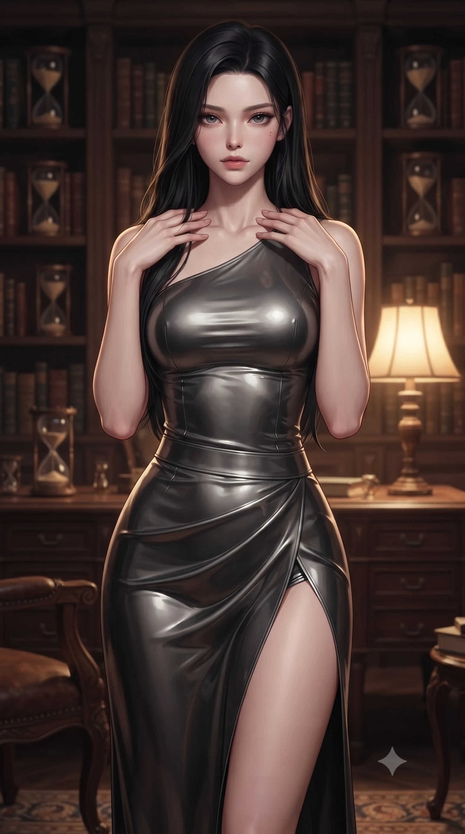 score_9, masterpiece, best quality, ultra-detailed, high-budget anime keyframe, editorial fashion photography, tasteful artistic composition, Korean woman. close-up cowboy shot from the waist and thighs up, the character dominates the composition, filling the frame with her large presence, background elements kept in soft focus. standing in a relaxed, elegant posture with both hands resting lightly on her collarbone, looking at the viewer with bedroom-eyes, the background shows a soft-focus a private study where hourglasses drip upward against the laws of gravity. She has an exceptionally elegant, slender, and willowy female figure with an ultra-slim waist, a gracefully sculpted slender torso, and a refined silhouette. sharp v-shaped jawline, high-bridge nose, intricate jewel-like eyes with depth, thick eyelashes, glossy lips with a natural sheen. wearing a body-hugging asymmetric one-shoulder nanotech bodice paired with a daring high-slit tactical utility wrap skirt. low-key single table lamp casting warm concentrated golden light over her profile. ultra-reflective glossy finish, specular highlights, metallic sheen, high-contrast stereoscopic depth, volumetric dynamic lighting, 2k, ultra detail, master piece, 9:16 ratio