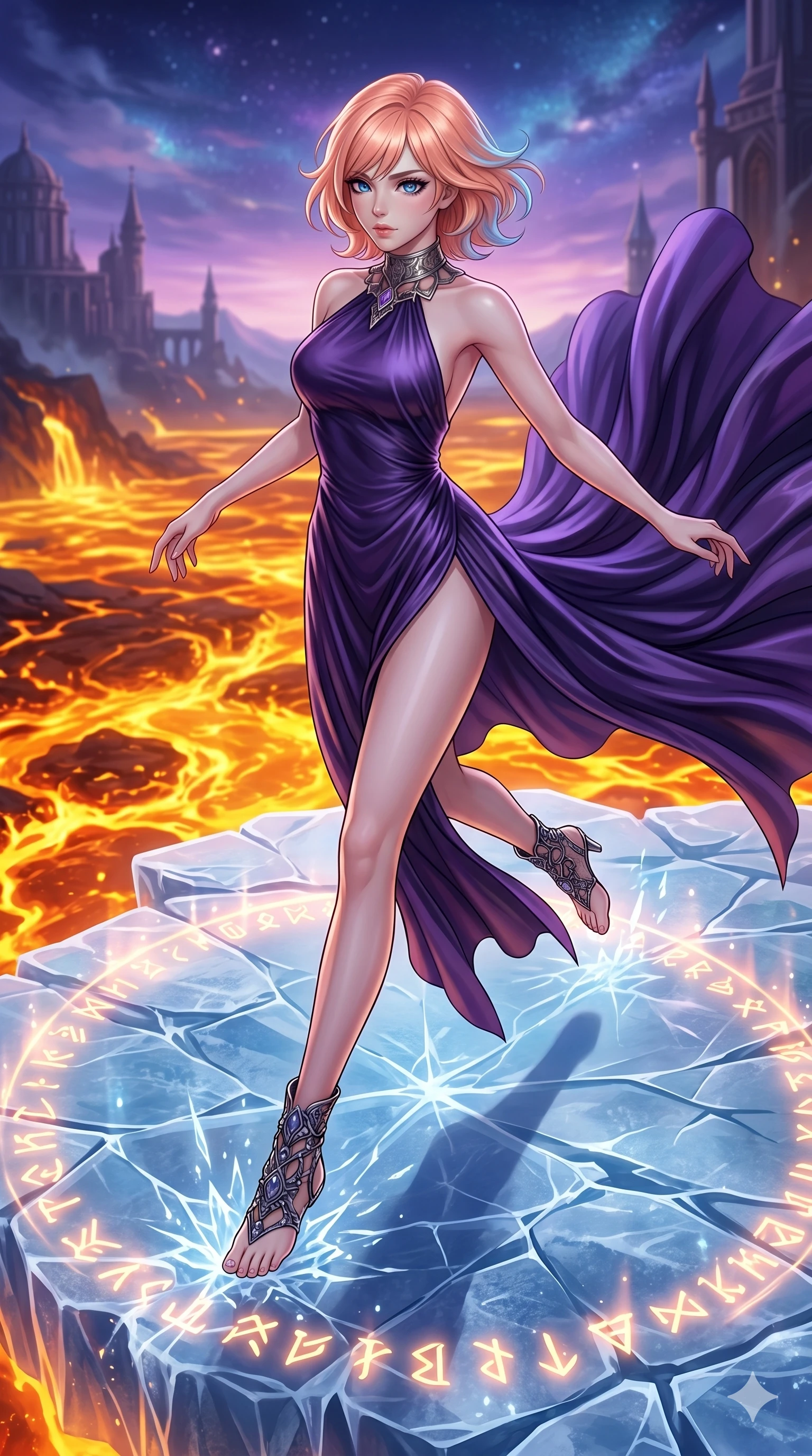 score_9, masterpiece, best quality, ultra-detailed, high-budget anime keyframe, editorial fashion photography, tasteful artistic composition, Japanese woman. upper body close-up from the thighs up, character filling the screen for maximum presence. leaping through on a platform of solid ice suspended above a sea of boiling golden lava as glowing runes and symbols fade in and out on the ground. She has an absolutely perfect 8-heads proportion, an exceptionally tall and slender female figure with impossibly long slender legs and an ultra-slim waist. V-shaped jawline, high-bridge nose, intricate jewel-like eyes with depth, thick eyelashes, glossy lips with a natural sheen.. wearing a gothic liquid silk gown, featuring a deep purple liquid silk maxi gown draped around her, secured by a metallic choker collar, with a high side slit. under a magical twilight glow casting long dramatic shadows across the clean floor. 2k, ultra detail, master piece, 9:16 ratio