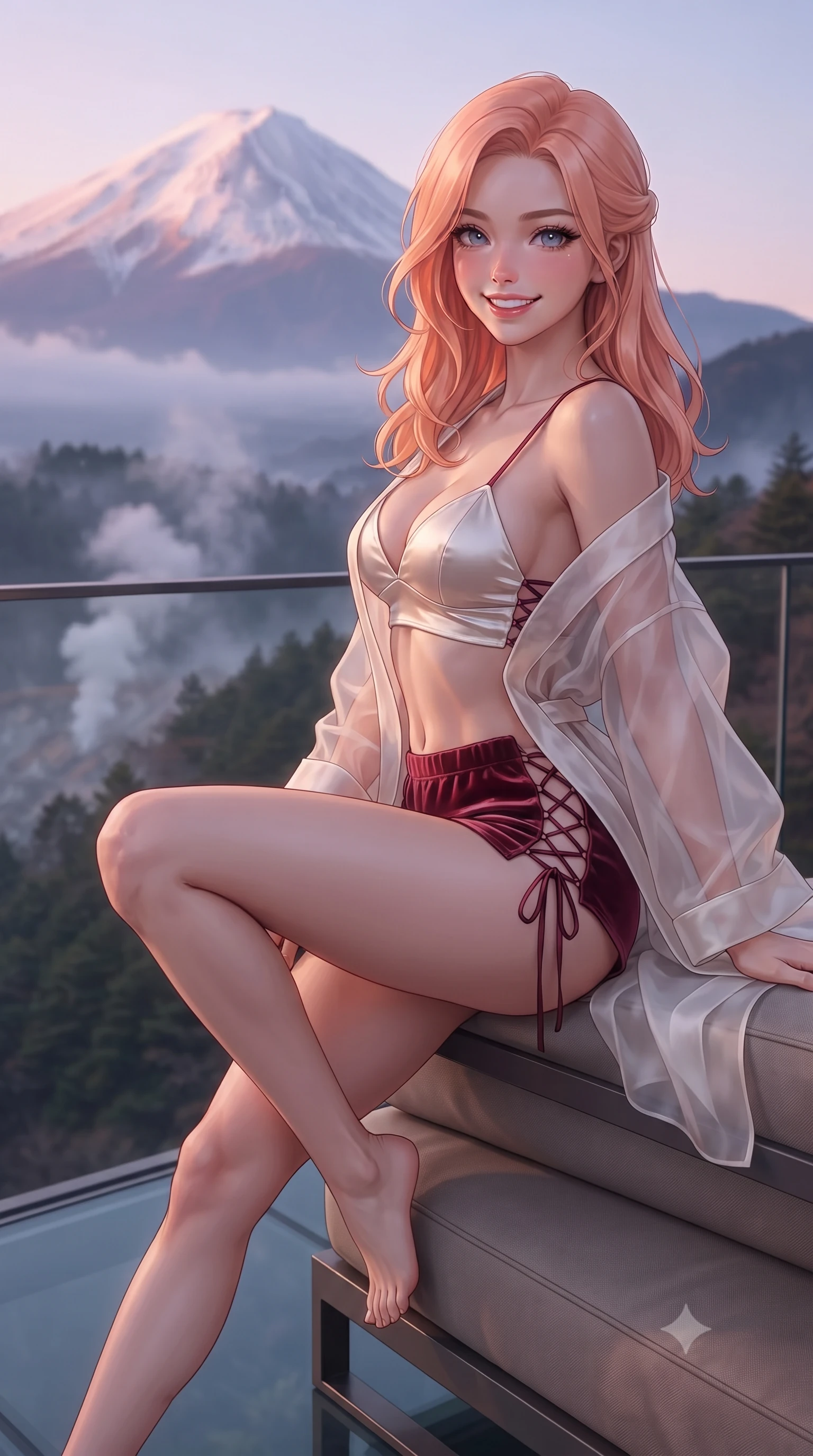 score_9, masterpiece, best quality, ultra-detailed, high-budget anime keyframe, editorial fashion photography, tasteful artistic composition, Japanese woman. close-up cowboy shot from the waist and thighs up, the character dominates the composition, filling the frame with her large presence. perched sideways on the lounge seat, one knee drawn up to showcase her slender leg line while her arched back accentuates her feminine hip curve while standing poised on the cantilevered structural glass bridge overlooking the misty Owakudani volcanic valley, arching her spine with commanding diva grace. The background shows a soft-focus snow-crested Mount Fuji glowing in evening alpenglow, wisps of volcanic steam from misty forested gorges, blurred into rose, violet, and charcoal bokeh. She has an exceptionally elegant, slender, and willowy female figure with an ultra-slim waist, flat toned midriff, narrow ribcage, and sculpted feminine hips creating an alluring, slim hourglass silhouette without bulk. sharp v-shaped jawline, high-bridge nose, intricate jewel-like sparkling eyes with depth, thick eyelashes, glossy parted lips with a natural peach sheen, bright cheerful beaming smile with an enchanting and coquettish sensual glint, exuding both youthful cute charm and seductive allure, flawlessly proportioned anatomical accuracy, strict slender model proportions, natural body alignment, perfectly sculpted long slender limbs, ultra-slim waistline, clean dynamic posture without body distortion. wearing a sheer silk organza modern kimono robe worn loose and slipping off bare shoulders over a matching satin bralette and micro-shorts in Belvedere ivory pearl and Habsburg bordeaux wine, tailored from ultra-plush silk velvet with rich tactile depth and deep shadow gradients, featuring fine criss-cross lace-up side ties revealing tantalizing glimpses of her hip curve, the liquid-tight tailored fabric clinging flawlessly to her narrow waist and rounded feminine hips, emphasizing every millimeter of her sculpted slim hourglass curves without any bulky heaviness. bathed in the contrast of warm 2200K charcoal hearth embers and pastel alpenglow twilight washing across the sky. ultra-reflective glossy finish, specular highlights, rich textural contrasts, high-contrast stereoscopic depth, volumetric dynamic lighting, 2k, ultra detail, master piece, 9:16 ratio