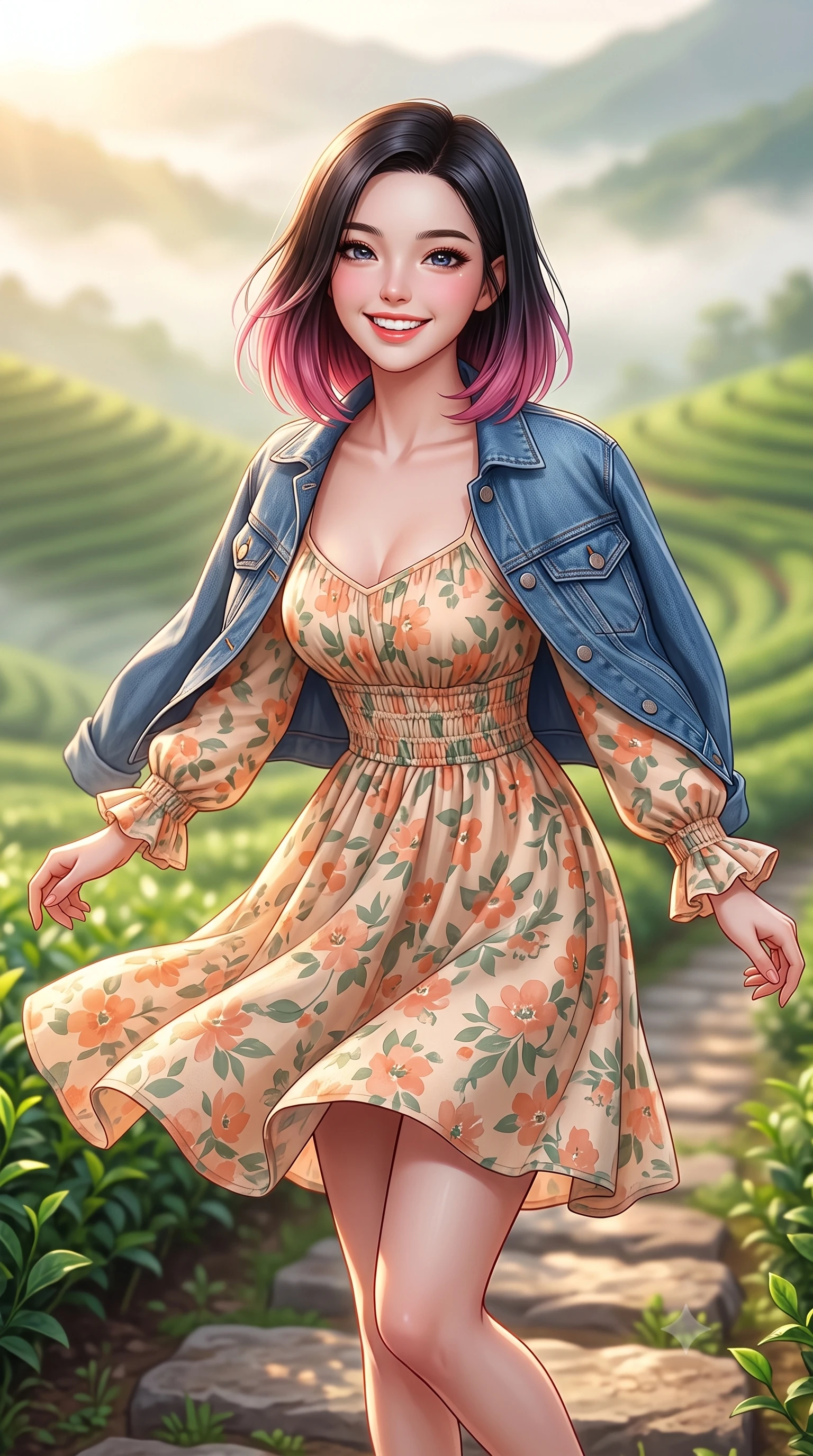 score_9, masterpiece, best quality, ultra-detailed, high-budget anime keyframe, semi-realistic 3D game render, editorial fashion photography, tasteful artistic composition, Korean woman. close-up cowboy shot from the waist and thighs up, the character dominates the composition, filling the frame with her large presence. radiating a joyful bright smile with sparkling jewel-like eyes and pure charming energy, leaning forward with playful grace while pivoting dynamically on a stone garden step as the first rays of morning sun break over the emerald tea terraces. The composition keeps background elements in soft focus with creamy bokeh. curling morning mist layers and terraced emerald tea ridges blurred into soft pastel green and golden dawn bokeh. She has an exceptionally elegant, slender, and willowy female figure with an ultra-slim waist, a gracefully sculpted slender torso, toned flat midriff, and a refined slim silhouette. sharp v-shaped jawline, high-bridge nose, intricate jewel-like eyes with depth, thick eyelashes, glossy lips with a natural sheen, pure and lovely fresh girlhood expression, flawlessly proportioned anatomical accuracy, strict slender model proportions, natural body alignment, perfectly sculpted long slender limbs, ultra-slim waistline, clean dynamic posture without body distortion. wearing a classic denim jacket worn lightly over shoulders with a floral print slip dress underneath in warm apricot and sage green, crafted from soft breathable linen that flutters gently in the breeze, accented with soft smocked elastic details and ruffled cuff trims, the soft airy drape swaying gracefully with her dynamic movements, emphasizing her tall willowy build and slim waistline. surrounded by a peaceful, pristine, and deeply refreshing morning goddess aura. highly saturated vibrant anime colors, detailed shading with soft gradients, rich glossy textures, high-contrast stereoscopic depth, volumetric dynamic lighting, master piece, 9:16 ratio