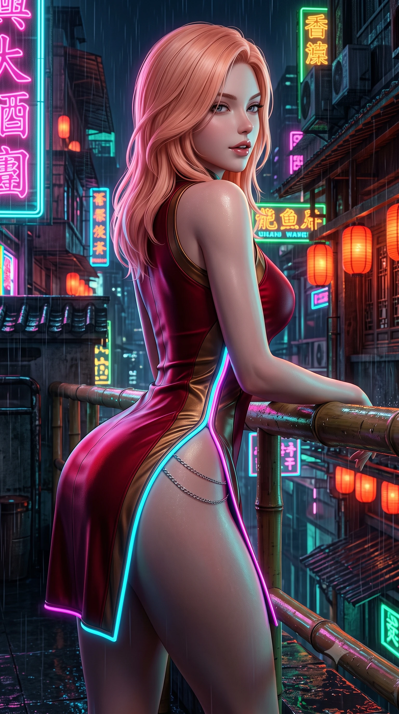 score_9, masterpiece, best quality, ultra-detailed, high-budget anime keyframe, semi-realistic 3D game render, editorial fashion photography, tasteful artistic composition, Japanese woman. close-up cowboy shot from the waist and thighs up, the character dominates the composition, filling the frame with her large presence. turning over a bare shoulder with an intoxicating, teasing smile, her soft hair framing her sharp jawline as her hips angle gracefully while leaning deep against a rain-slicked rooftop bamboo railing with hips cocked back, looking over her shoulder as neon reflections wash over her curvy silhouette. The surrounding environment is rendered in vivid detail and crisp panoramic clarity. intense Wong Kar-wai inspired neo-noir chiaroscuro and atmospheric cyberpunk metropolis aesthetics in precision. She has an exceptionally elegant, slender, and willowy female figure with an ultra-slim waist, a gracefully sculpted slender torso, toned flat midriff, and rounded feminine hips creating an alluring hourglass silhouette. sharp v-shaped jawline, high-bridge nose, intricate jewel-like eyes with depth, thick eyelashes, glossy parted lips with a natural sheen, intensely captivating and seductive bedroom-eyes expression, flawlessly proportioned anatomical accuracy, strict slender model proportions, natural body alignment, perfectly sculpted long slender limbs, ultra-slim waistline, clean dynamic posture without body distortion. wearing a modernized cyber-qipao mini dress with an ultra-high side slit ascending to the hip and glowing LED piping in rich crimson silk and liquid bronze, made of breathable technical athletic mesh and liquid-finish track nylon, complemented by a delicate metallic hip chain catching the neon rain caustics, the glove-like aerodynamic silhouette tightly following the natural contour of her hips and long slender legs with statuesque precision. bathed in vibrant magenta and electric cyan neon light contrasting with warm lantern scarlet downlights. highly saturated vibrant anime colors, detailed shading with soft gradients, rich glossy textures, high-contrast stereoscopic depth, volumetric dynamic lighting, master piece, 9:16 ratio
