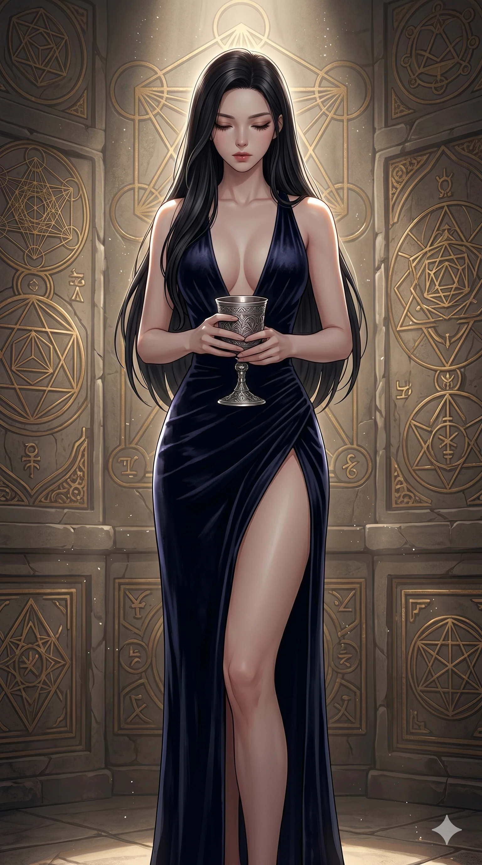 score_9, masterpiece, best quality, ultra-detailed, high-budget anime keyframe, editorial fashion photography, tasteful artistic composition, Korean woman. cowboy shot from the thighs up, character and outfit filling the frame for maximum editorial presence. holding a silver chalice, looking down with lowered lashes inside a mathematical temple room with golden geometric patterns on the walls (Code-P18-091). She has an absolutely perfect 8-heads proportion, an exceptionally tall and slender female figure with impossibly long slender legs and an ultra-slim waist. V-shaped jawline, high-bridge nose, intricate jewel-like eyes with depth, thick eyelashes, glossy lips with a natural sheen. wearing a velvet gown with a plunging neckline and high slit to mid-thigh. bright cinematic key light tracing the sleek contours of her athletic figure. 2k, ultra detail, master piece, 9:16 ratio