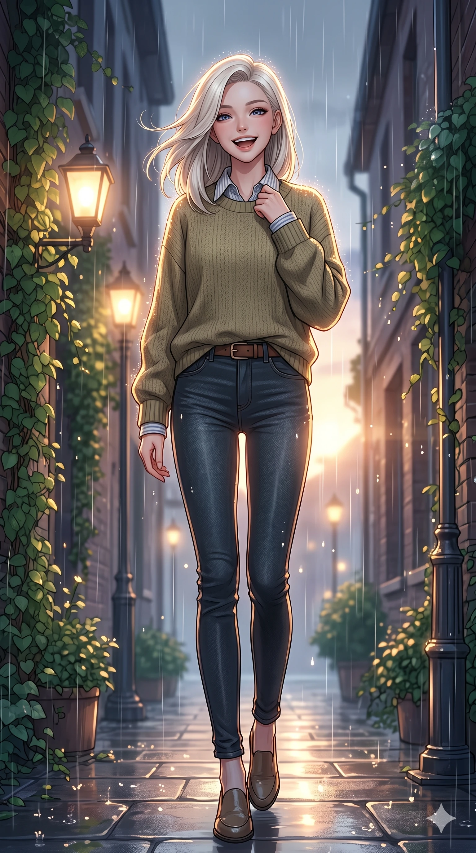score_9, masterpiece, best quality, ultra-detailed, high-budget anime keyframe, vibrant anime aesthetic, Caucasian woman, strictly human ears. low angle full-body shot from head to toe showing her feet, filling the entire 9:16 vertical frame with her statuesque presence, stretching her vertical silhouette. She is laughing cheerfully while adjusting her collar in the soft drizzle, with a warm and inviting look with a gentle tilt of her head. by a quiet alleyway entrance lined with lush green climbing vines and glowing streetlamps in the twilight rain (Code-P22-019). She has an absolutely perfect 8-heads proportion, an exceptionally tall and slender female figure with impossibly long slender legs and an ultra-slim waist. V-shaped jawline, high-bridge nose, intricate jewel-like eyes with depth, thick eyelashes, glossy lips with a natural sheen. wearing an oversized warm sweater over a collared shirt and skinny jeans with an elegant leather belt. She is lit by sparkling rain droplets reflecting the morning sun, creating a glowing halo, tracing the elegant lines of her shoulders in the rainy afternoon. 2k, ultra detail, master piece, 9:16 ratio