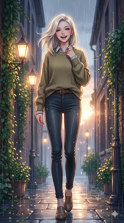 score_9, masterpiece, best quality, ultra-detailed, high-budget anime keyframe, vibrant anime aesthetic, Caucasian woman, strictly human ears. low angle full-body shot from head to toe showing her feet, filling the entire 9:16 vertical frame with her