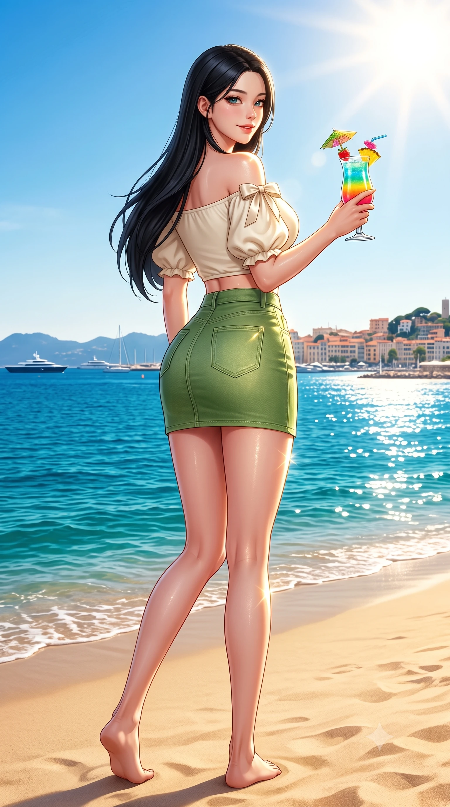 score_9, masterpiece, best quality, ultra-detailed, high-budget anime keyframe, semi-realistic 3D game render, editorial fashion photography, tasteful artistic composition, Korean woman. low angle full-body shot from head to toe showing her feet, filling the entire 9:16 vertical frame with her statuesque presence, stretching her vertical silhouette. posing with back turned slightly to the lens, glancing back with an enchanting, playful smile as she arches her lower back to emphasize her sculpted feminine hips and slender waist while turning in an alluring contrapposto stance with a colorful cocktail in hand, her form-fitting resort wear hugging her narrow waist and hips. The surrounding environment is rendered in vivid detail and crisp panoramic clarity. detailed swimwear fabric sheen, golden sun glints on skin, and Cannes coastline clarity in high resolution. She has an exceptionally tall and slender model-like 8.5-heads proportion, an ultra-slim waist, a flat toned midriff, narrow delicate ribcage, and beautifully sculpted feminine hips creating a graceful, slim hourglass silhouette without any bulky heaviness, with impossibly long slender legs. sharp v-shaped jawline, high-bridge nose, intricate jewel-like sparkling eyes with depth, thick eyelashes, glossy parted lips with a natural peach sheen, bright cheerful beaming smile with an enchanting and coquettish sensual glint, exuding both youthful cute charm and seductive allure, flawlessly proportioned anatomical accuracy, strict slender model proportions, natural body alignment, perfectly sculpted long slender limbs, ultra-slim waistline, clean dynamic posture without body distortion. wearing an off-shoulder puff-sleeve crop blouse with a tight high-waisted denim A-line mini skirt emphasizing her curvy hips in matcha green and warm ivory, crafted from liquid-tight stretch jersey emphasizing every curve, finished with cute satin bow ribbons tying at the shoulders, the glove-like silhouette tightly following the natural contour of her hips and long slender legs with youthful 8.5-heads elegance. illuminated by intense specular sea reflections sharply carving her razor-sharp jawline, narrow waist, and curvy hips. highly saturated vibrant anime colors, detailed shading with soft gradients, rich glossy textures, high-contrast stereoscopic depth, volumetric dynamic lighting, master piece, 9:16 ratio