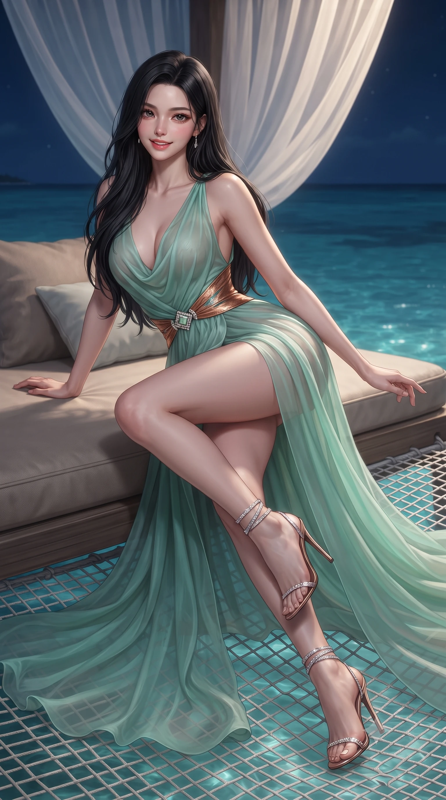 score_9, masterpiece, best quality, ultra-detailed, high-budget anime keyframe, editorial fashion photography, tasteful artistic composition, Korean woman. close-up cowboy shot from the waist and thighs up, the character dominates the composition, filling the frame with her large presence. perched sideways on the lounge seat, one knee drawn up to showcase her slender leg line while her arched back accentuates her feminine hip curve while reclining across the oversized catamaran netting suspended over the crystal-clear lagoon, arching her back with effortless siren ease as sea water shimmers beneath. The background shows a soft-focus billowing sheer white canopy netting softened in nocturnal island romance shallow focus. She has an exceptionally elegant, slender, and willowy female figure with an ultra-slim waist, flat toned midriff, narrow ribcage, and sculpted feminine hips creating an alluring, slim hourglass silhouette without bulk. sharp v-shaped jawline, high-bridge nose, sparkling eyes with hypnotic seductive depth, thick curled eyelashes, glossy parted lips with a natural dewy peach sheen, alluring bedroom-eyes with an enchanting coquettish smile, exuding magnetic siren charisma and sophisticated glamour, flawlessly proportioned anatomical accuracy, strict slender model proportions, natural body alignment, perfectly sculpted long slender limbs, ultra-slim waistline, clean dynamic posture without body distortion. wearing a plunging cowl-neck liquid silk evening gown with dramatic train and diamond-accented waist cinch in Moroccan mint green and hammered copper, made of sheer gossamer chiffon that drapes softly against skin with airy translucence, complemented by strappy stiletto sandals with crystal ankle wraps accentuating her slender calves, the liquid-tight tailored fabric clinging flawlessly to her narrow waist and rounded feminine hips, emphasizing every millimeter of her sculpted slim hourglass curves without any bulky heaviness. illuminated by lagoon water surface specular highlights and sharp champagne-gold rim lights defining her delicate clavicles, ultra-slim waist, and curvy hips. ultra-reflective glossy finish, specular highlights, rich textural contrasts, high-contrast stereoscopic depth, volumetric dynamic lighting, 2k, ultra detail, master piece, 9:16 ratio